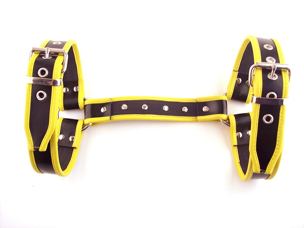 Rouge Garments Adult Leather Halter Harness, Black with Yellow piping, Medium