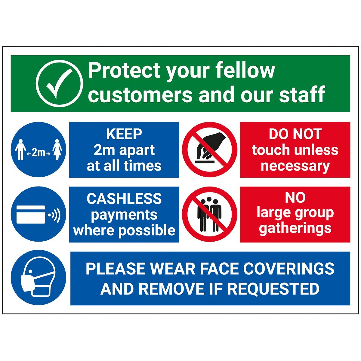 V Safety Protect Staff And Customers - Face Coverings Sign - 300mm x 200mm - 1mm Rigid Plastic