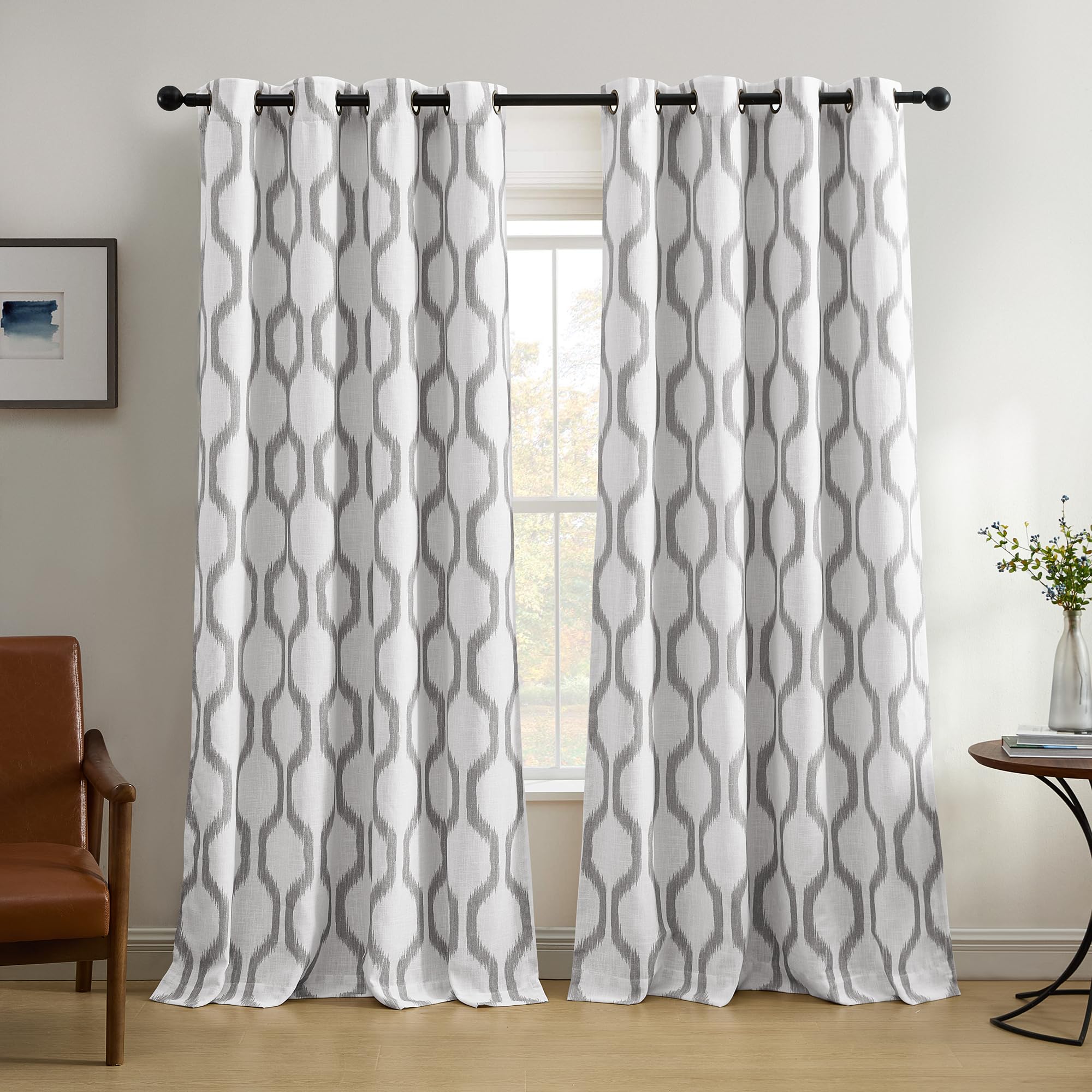 Elrene Renzo Ikat Geometric Room-Darkening Window Curtain, Linen, Light Gray, 52" W x 95" L (Pack of 1)