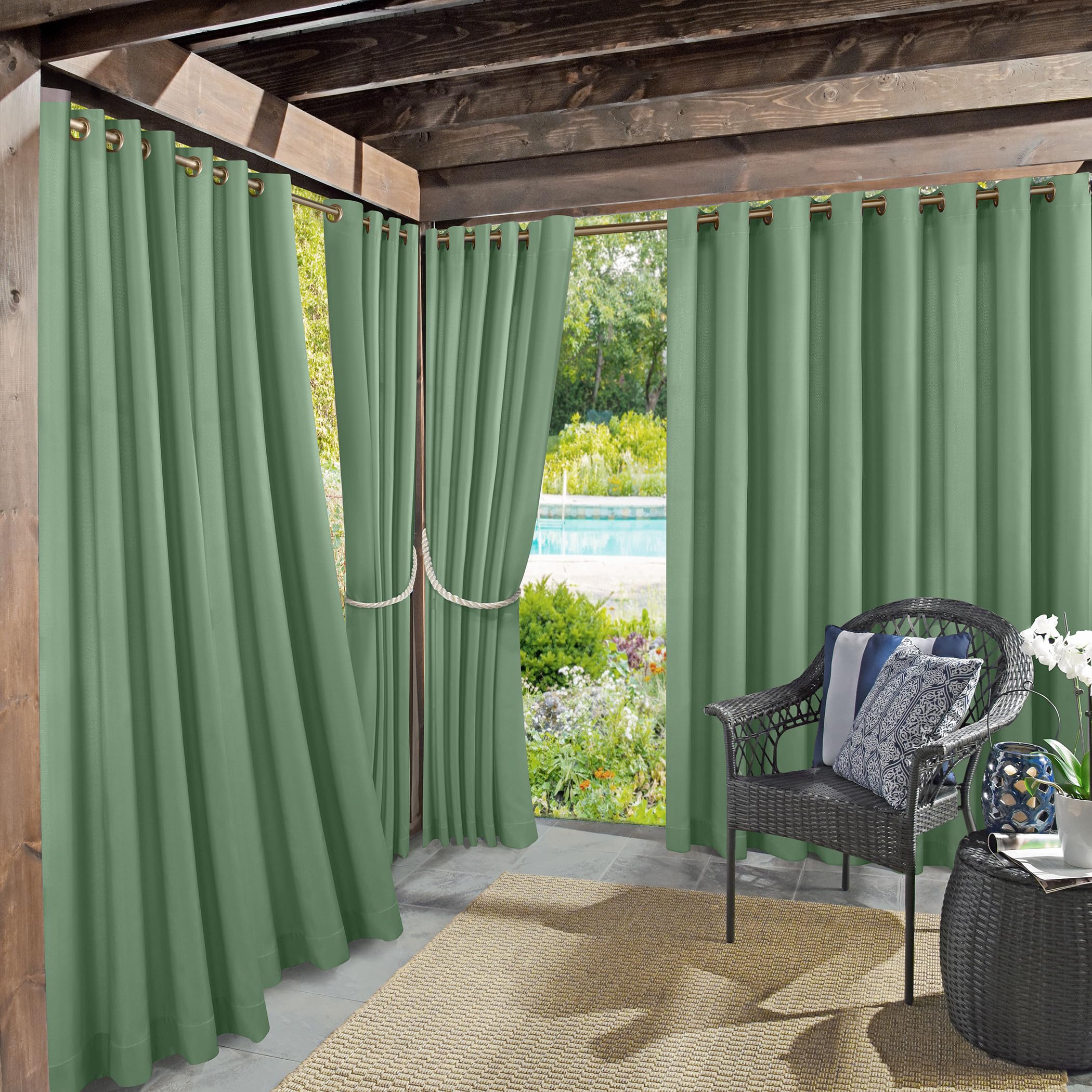 Sun Zero Marina Indoor/Outdoor UV Protectant Energy Efficient Grommet Curtain Panel, 54" x 95", Spa Green