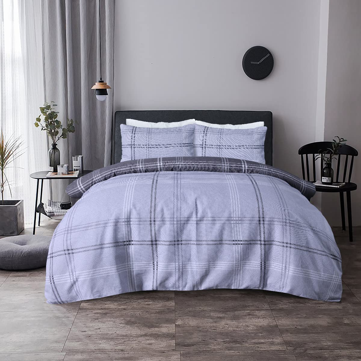 Sleepdown Waffle Grey Check Reversible Duvet Cover Quilt Pillow Case Bedding Set Soft Easy Care - Single (135cm x 200cm)