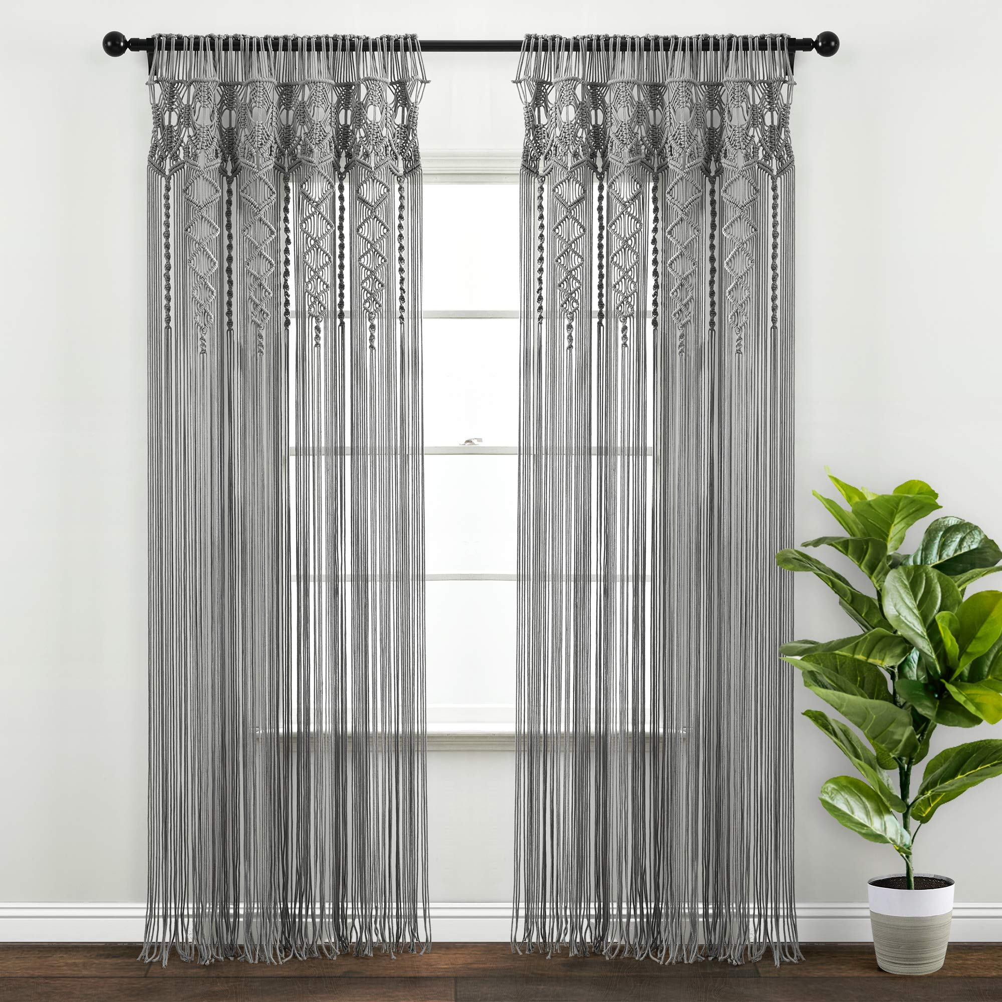 Lush Decor Boho Macrame Textured Cotton Window Curtain/Room Divider/Doorway/Wall Decor, 95" L x 40" W, Gray