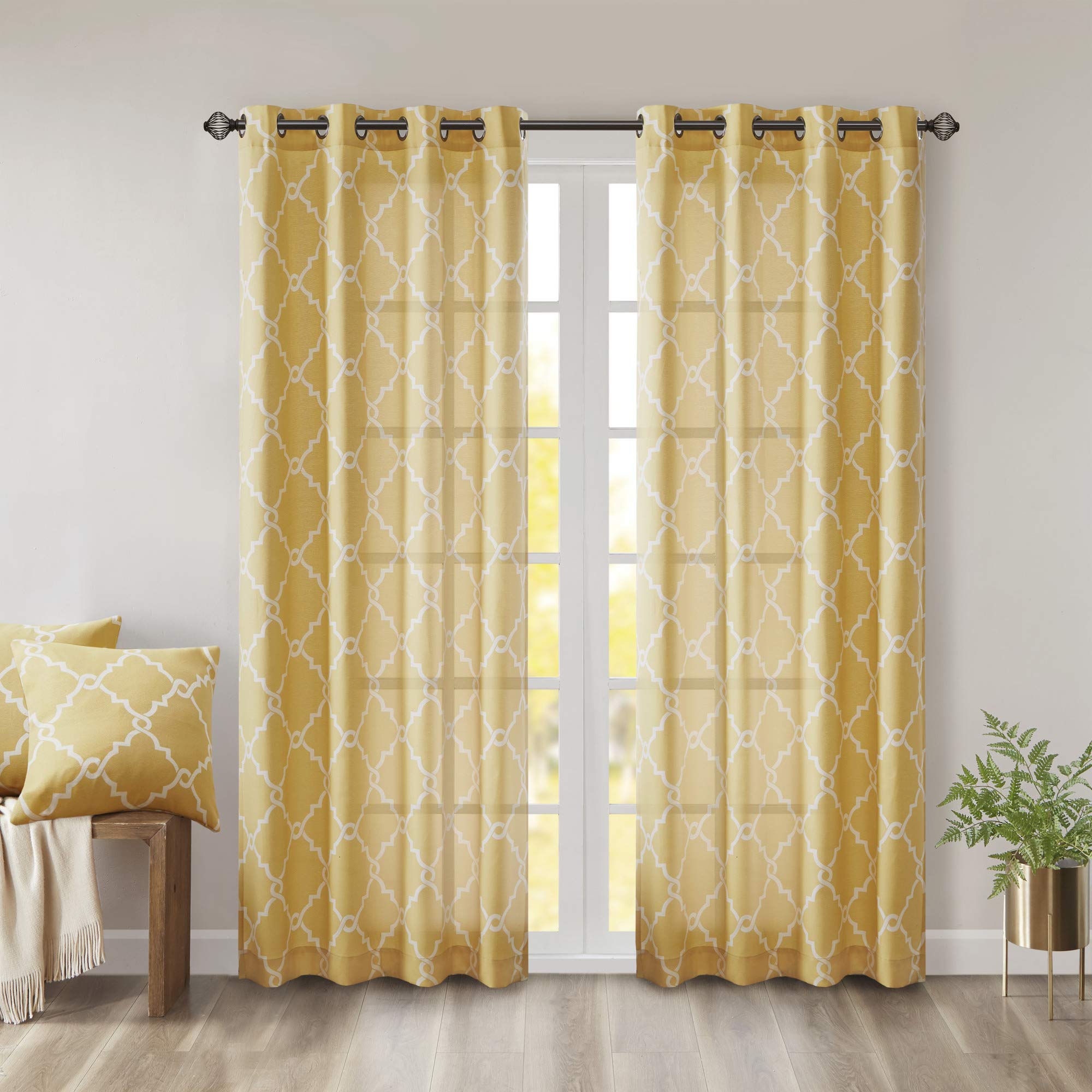 Madison Park Saratoga Window Curtain Light Filtering Fretwork Print 1 Panel Grommet Top Drapes/Valance for Living Room Bedroom and Dorm, 50x63, Yellow