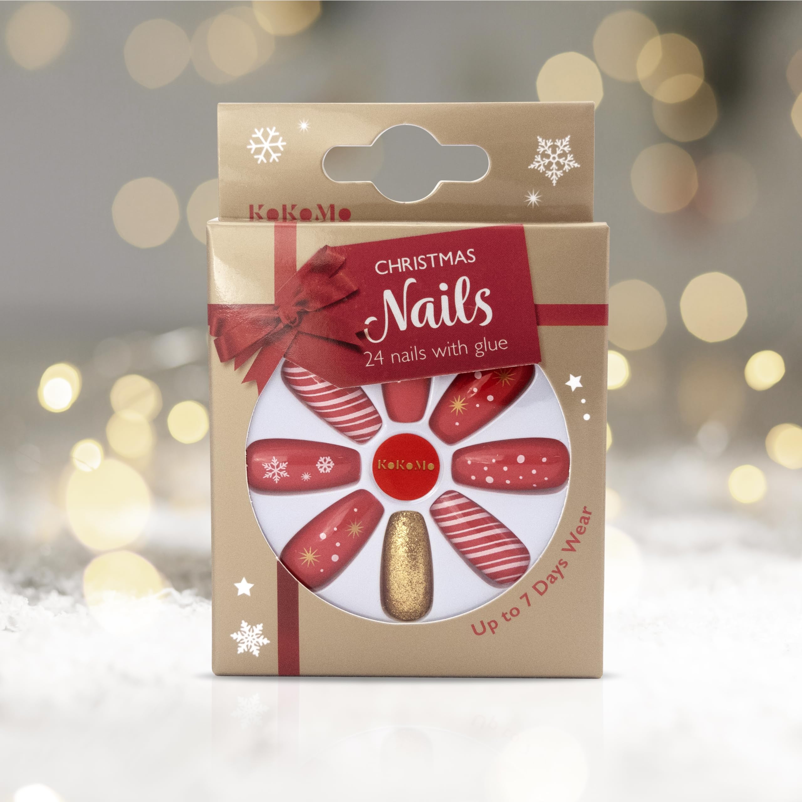 Christmas False Nails - Adult - 24pcs with glue - Red & Gold Festive Nails