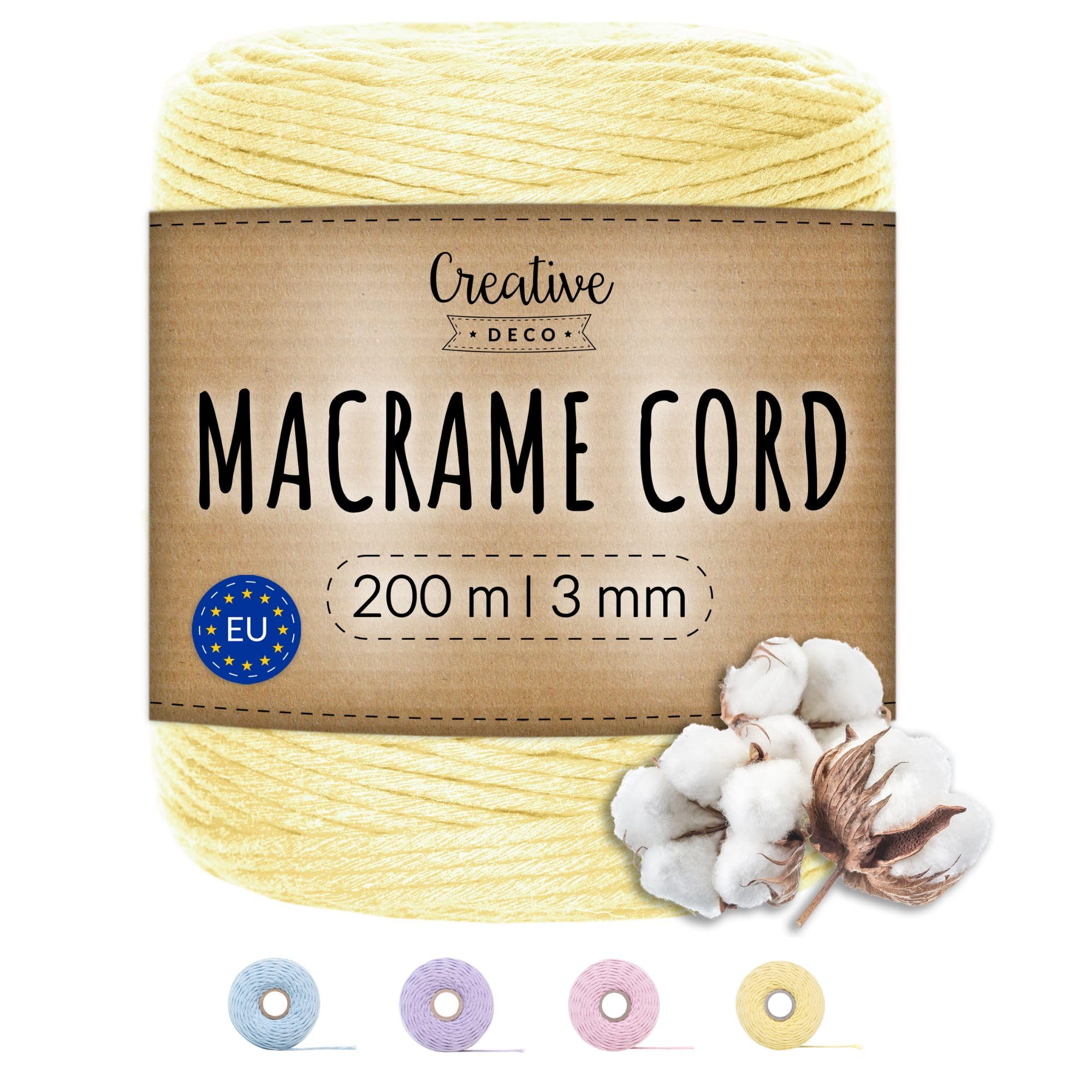 Creative Deco 656 Feet Pastel Yellow Macrame Cord | 200m | 3mm Thickness | 30 Ply | Cotton-Polyester Rope String Yarn Twine Elastic Cord | for Easter Arts and Crafts DIY Gift Wrapping | Thick Strong
