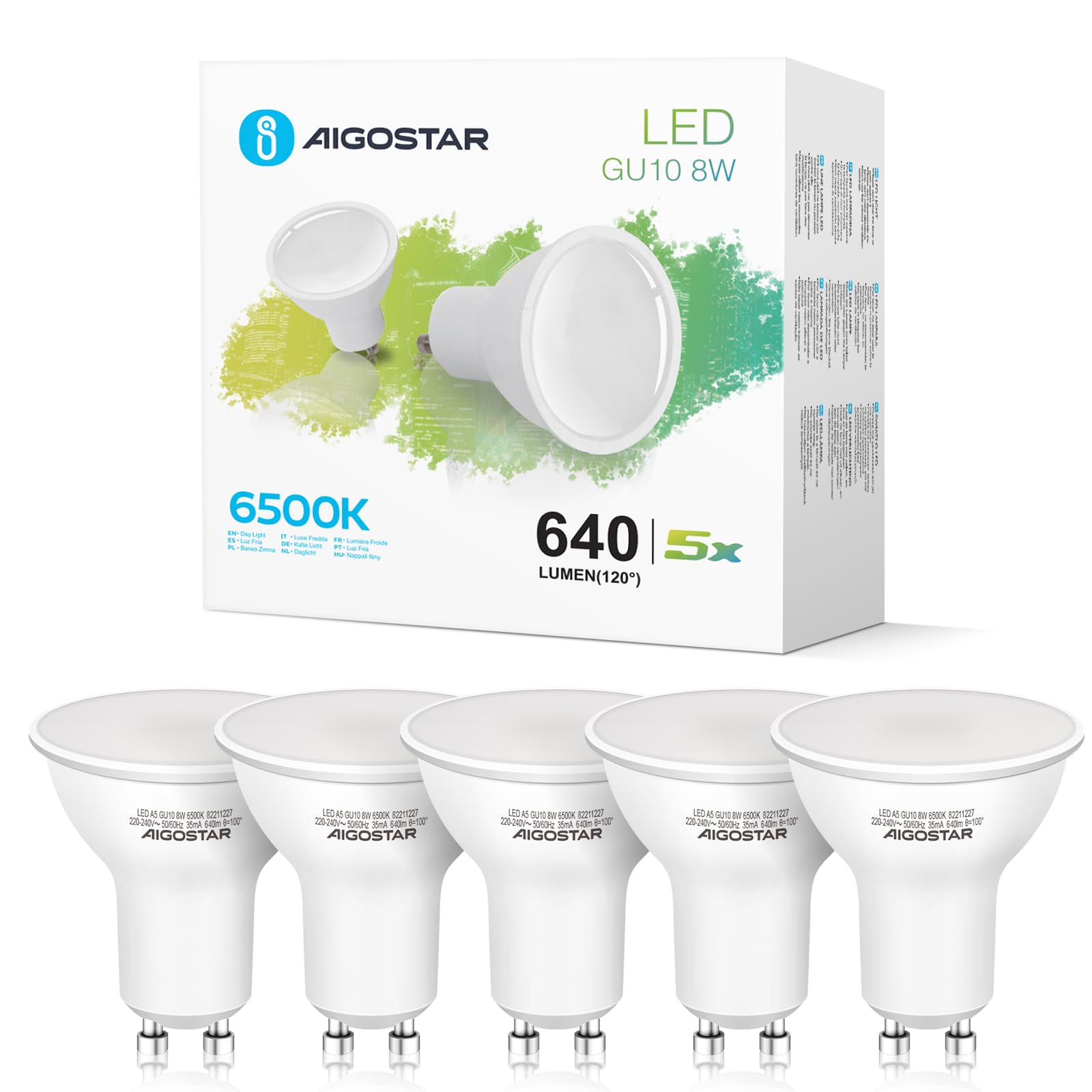 Aigostar GU10 LED Bulbs Cool White, 8W 6500K 640 Lumen, 5 Pcs/Box, 100° Beam Angle, Flicker Free