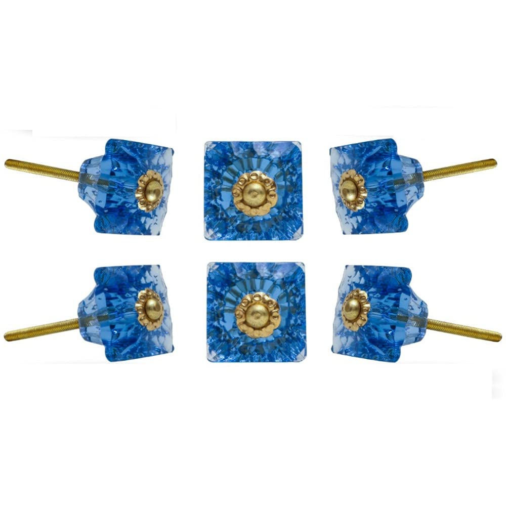 TRINCA-FERRO Set of 6 Mammonia Blue Glass Cabinet Knobs Drawer Pull Dresser Cupboard Handle WF_55581018