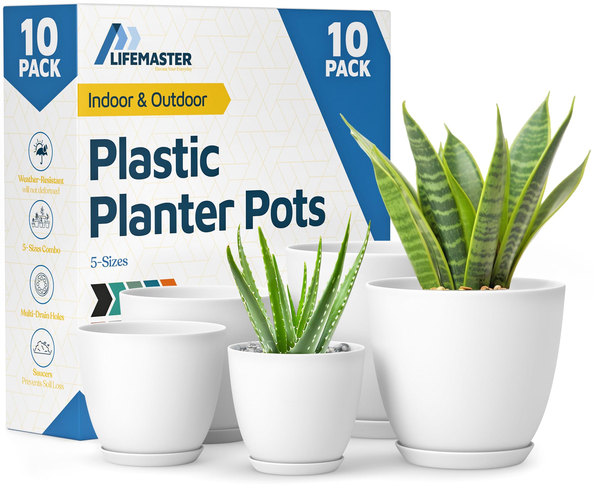 Lifemaster 10pcs Plant Pots with Drainage - Set of 5 Plastic Planters - Indoor/Outdoor Flower Pots in 5 Sizes - Sturdy Stackable Design (White)