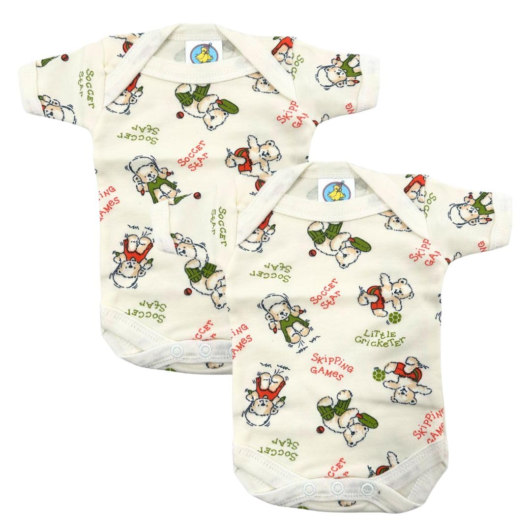 Junior Joy 12-18 Months Printed Baby Bodysuits, Cream Colour, 100% Combed Cotton, Super Soft, Short Sleeves, Envelope Neck, Popper Fastening for Easy Nappy Change, Machine Washable, Pack of 2