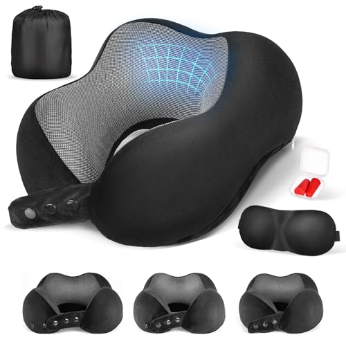 Lychico Travel Neck Pillow for Airplane, Car & Train - Ergonomic Memory Foam Support for Sleeping, Breathable & Adjustable - Compact Portable Travel Pillow for Adults & Kids, Black, One Size