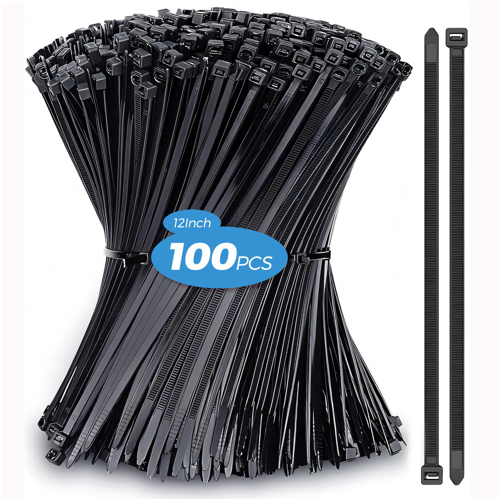 Black Cable Ties - 300mm x 3.6mm, 100 Pack Heavy Duty Strong Premium Nylon Zip Ties, Multi-Purpose Long Plastic Tie Wraps for Home and DIY