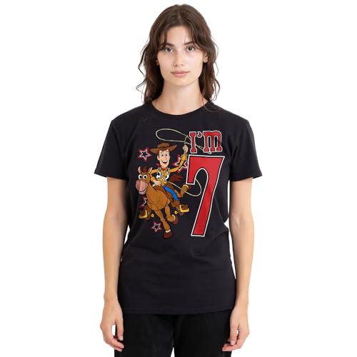 Toy Story Birthday Woody I'm 7 Ladies T Shirt, Black, Medium