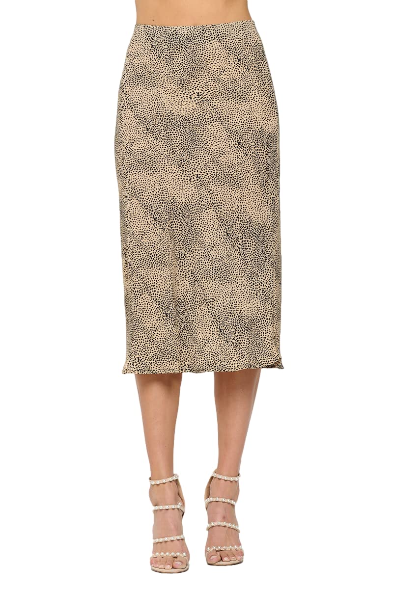 Women Solid High Waist Silky Casual Elastic Satin Midi Skirt - Made in USA (Available in Plus Size), Taupe Black, L