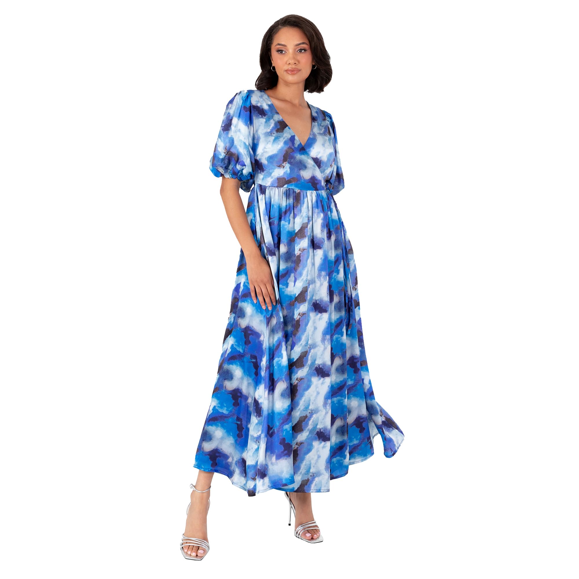 Lovedrobe Women's Midaxi Dress Ladies Satin Short Puff Sleeve V-Neckline Wrap A-line Floral Print Evening Occasion Wedding Guest, Blue 40, Blue, 14