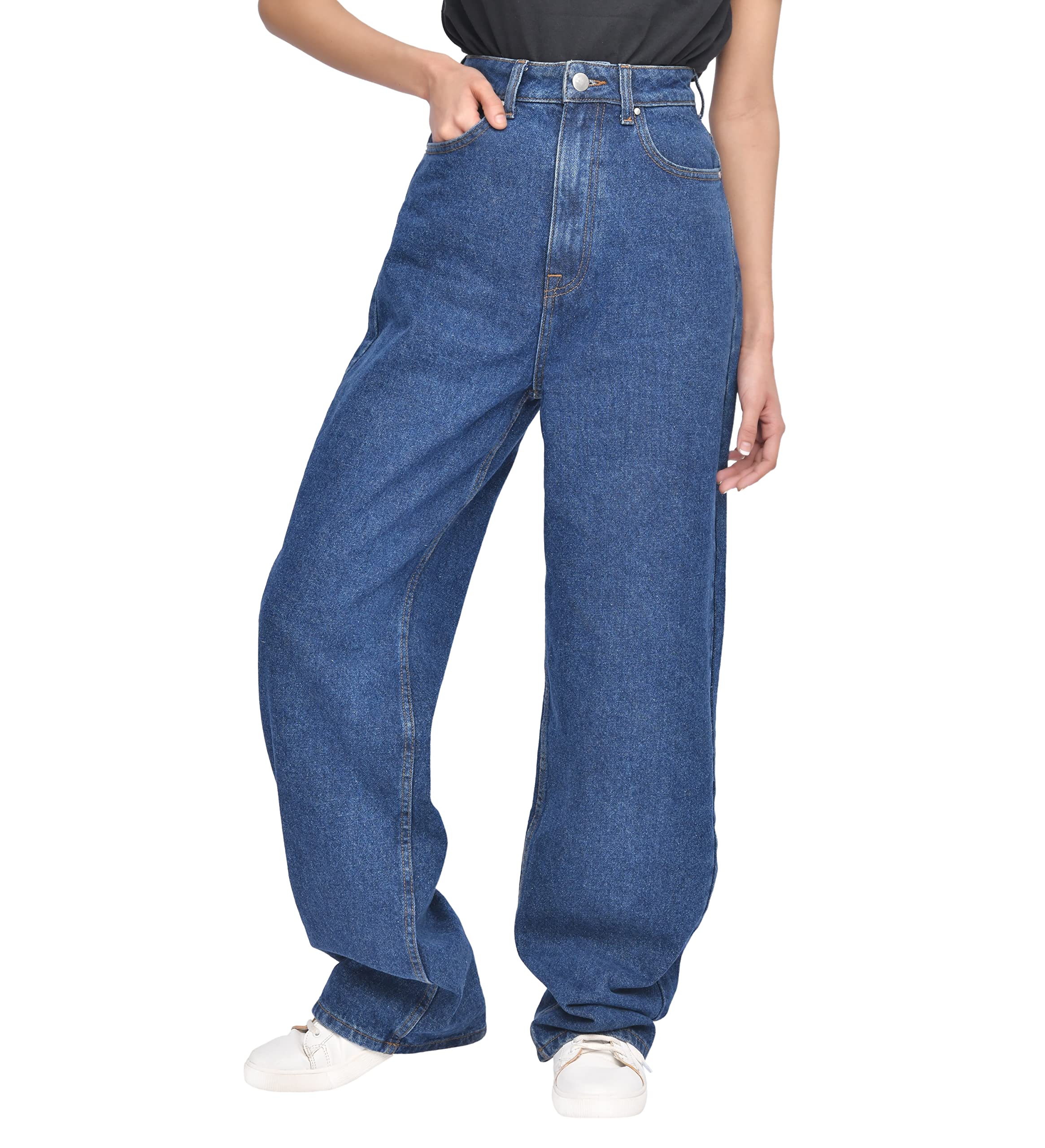 M17 Womens Ladies 90s Denim Wide Leg High Waisted Jeans Classic Casual Cotton Trouser Pants with Pockets (8, Dark Wash Blue)