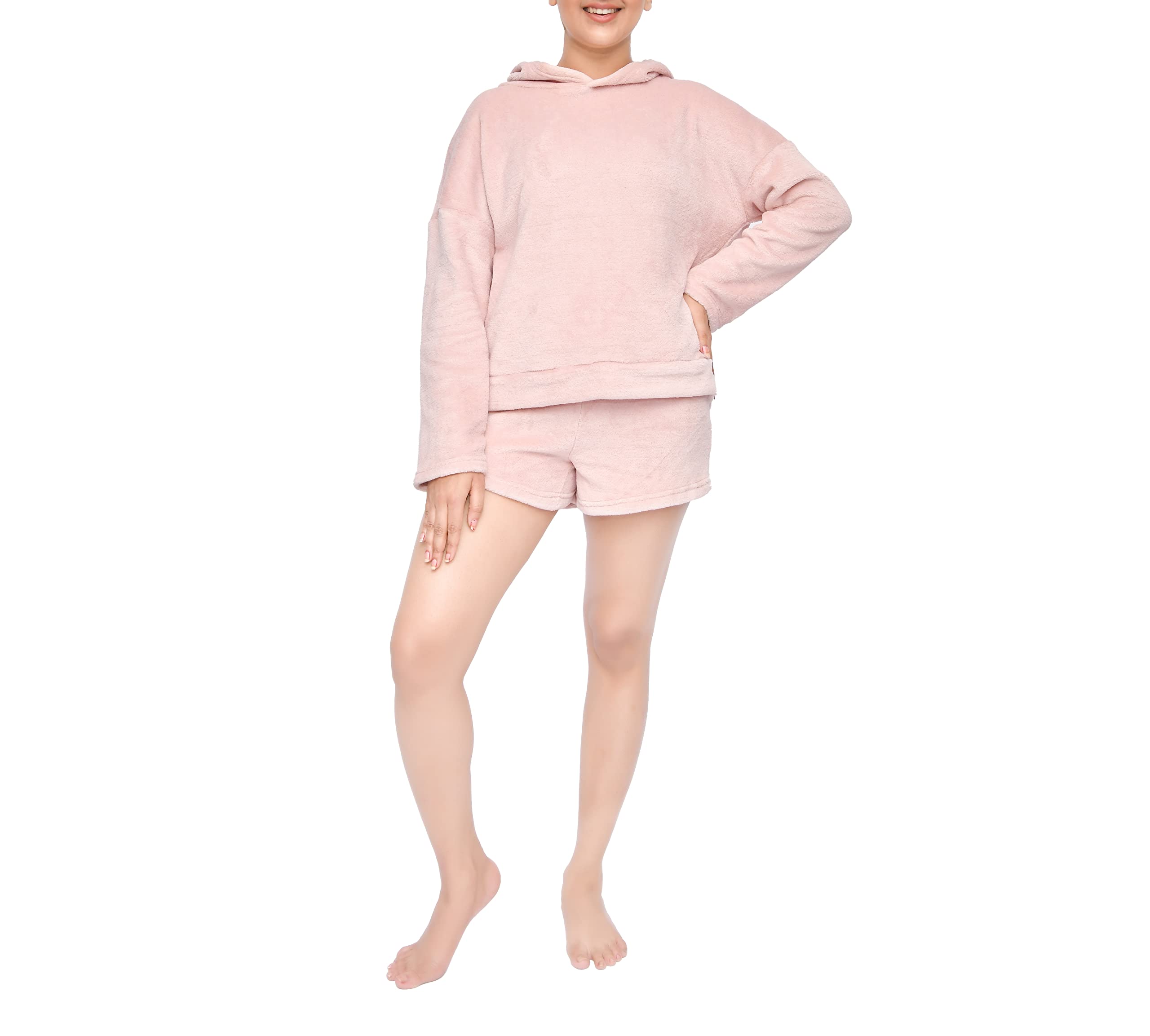 Sleepdown Womens Ladies Luxury 2 Piece Coral Fleece Hoodie And Short Set Cosy Loungewear - S - Pink