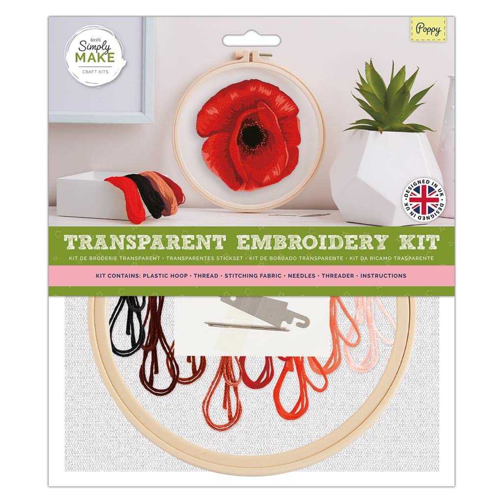 Simply Make Adults Poppy Sewing Needle Stitch Embroidery Hobby Kit, Makes The Perfect Present For Any Creativity Enthusiast, or Hobbyist, Ideal For Beginners And New Starter