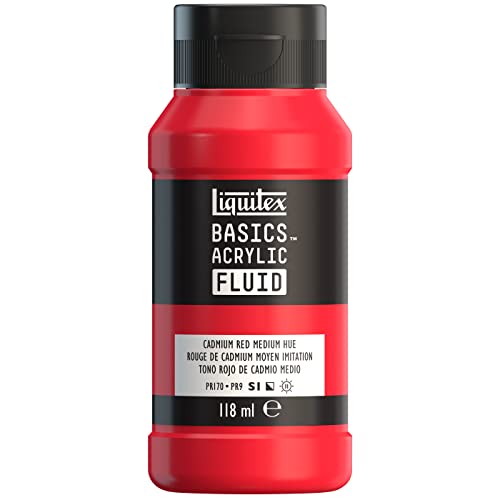 Liquitex 8870386 Basics Fluid Acrylic Paint with Flowing Consistency, Quick Drying, Lightfast, Waterproof, Water-based, 118 ml Bottle, Cadmium Red, Medium Shade