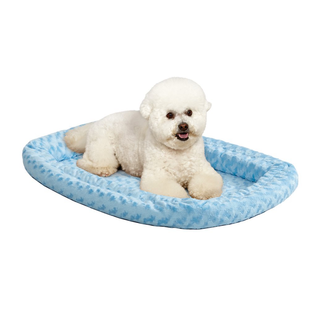 MidWest Homes for Pets Intermediate QuietTime Double Bolster Pet Bed, Blue Plush 91 cm Crate Mat with Stacked Bolsters, Machine Wash, Secure Fit with Elastic Straps