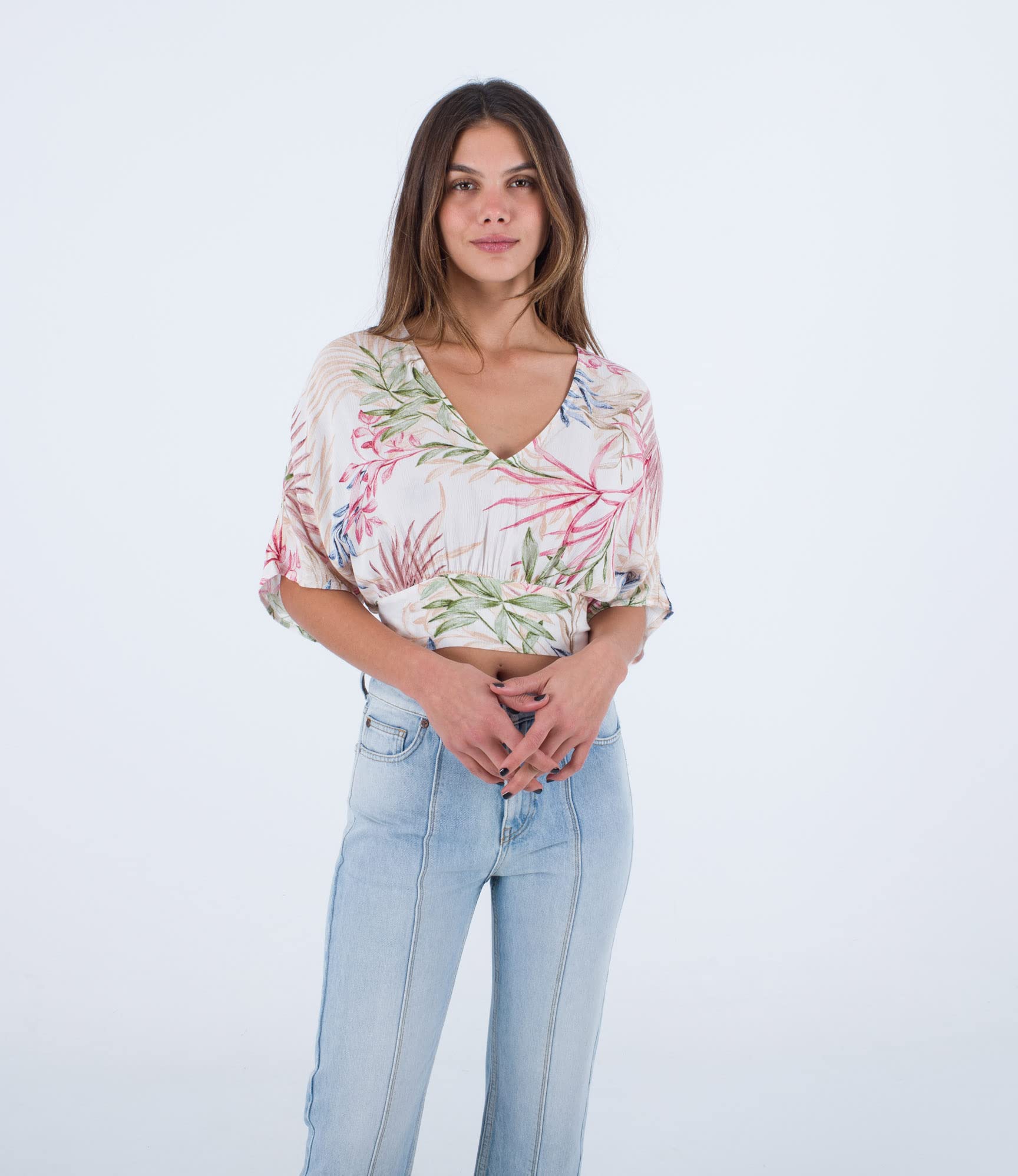 Hurley Women's Summer Palm Flounce Top Shirt, Cream, Multicoloured, XS