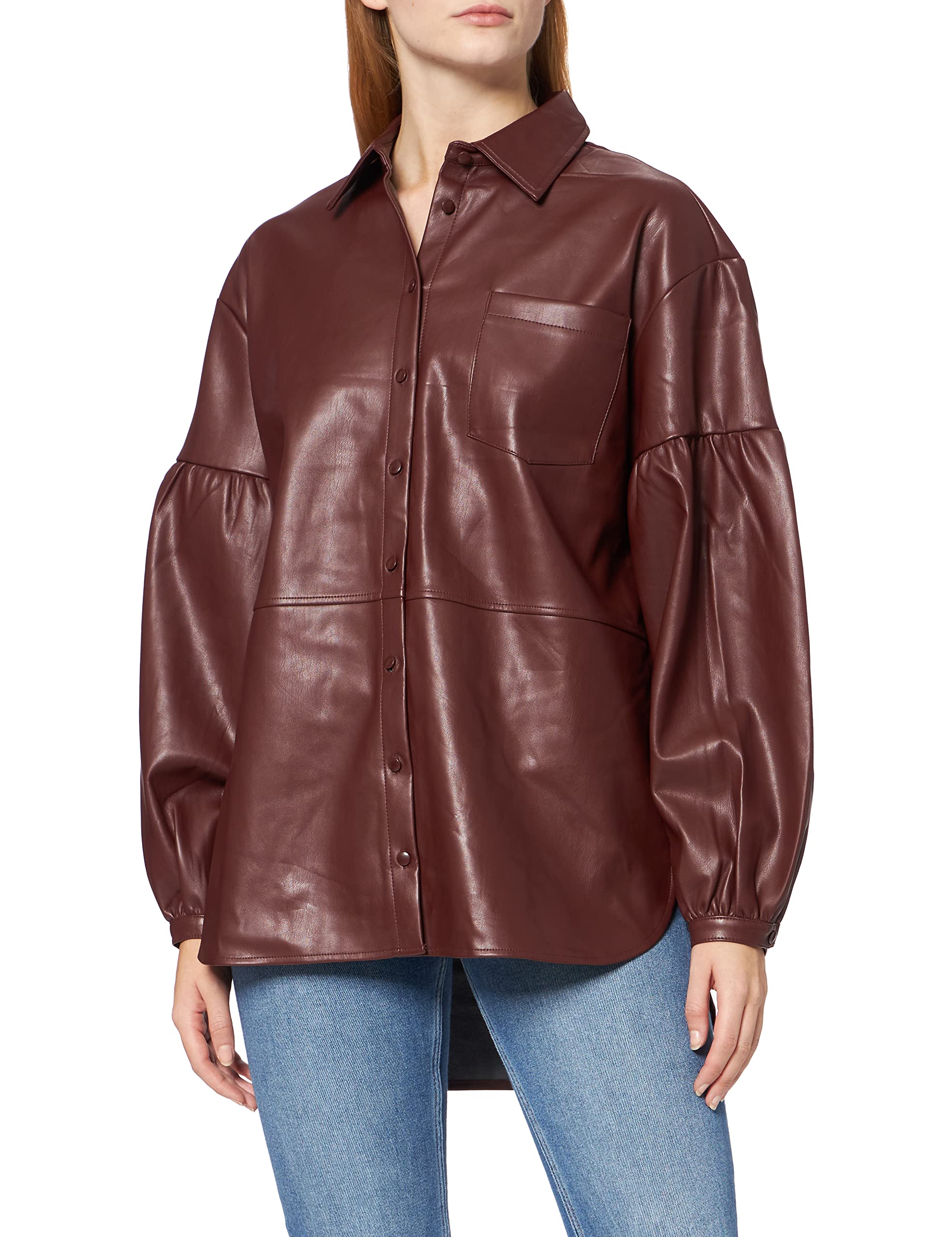 NA-KD Women's Oversized Puff Sleeve PU Shirt, Burgundy, 12 UK