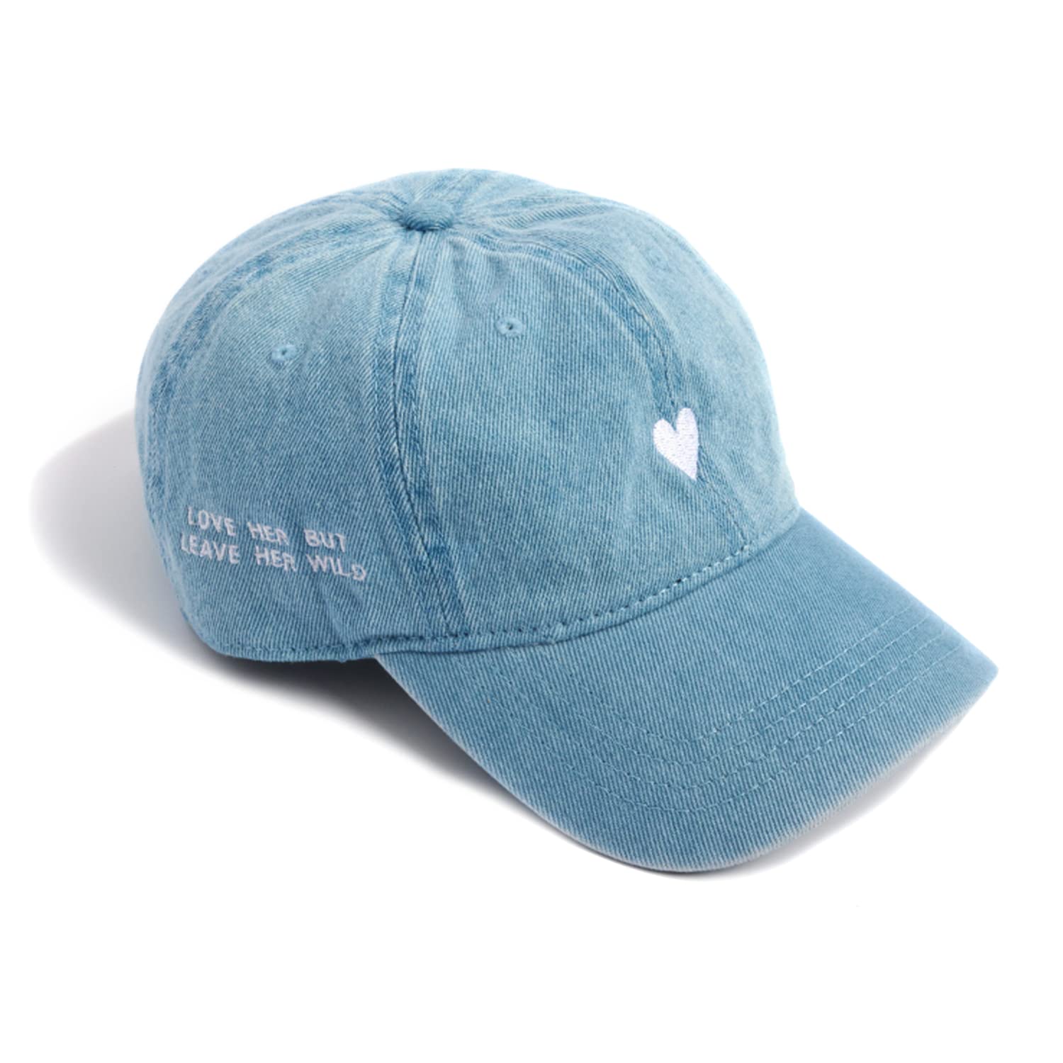 ATTICUS Poetry Hat, Embroidered Brushed Cotton Women’s Baseball Hat Unisex Fit, Adjustable One Size, Heart Denim, One Size