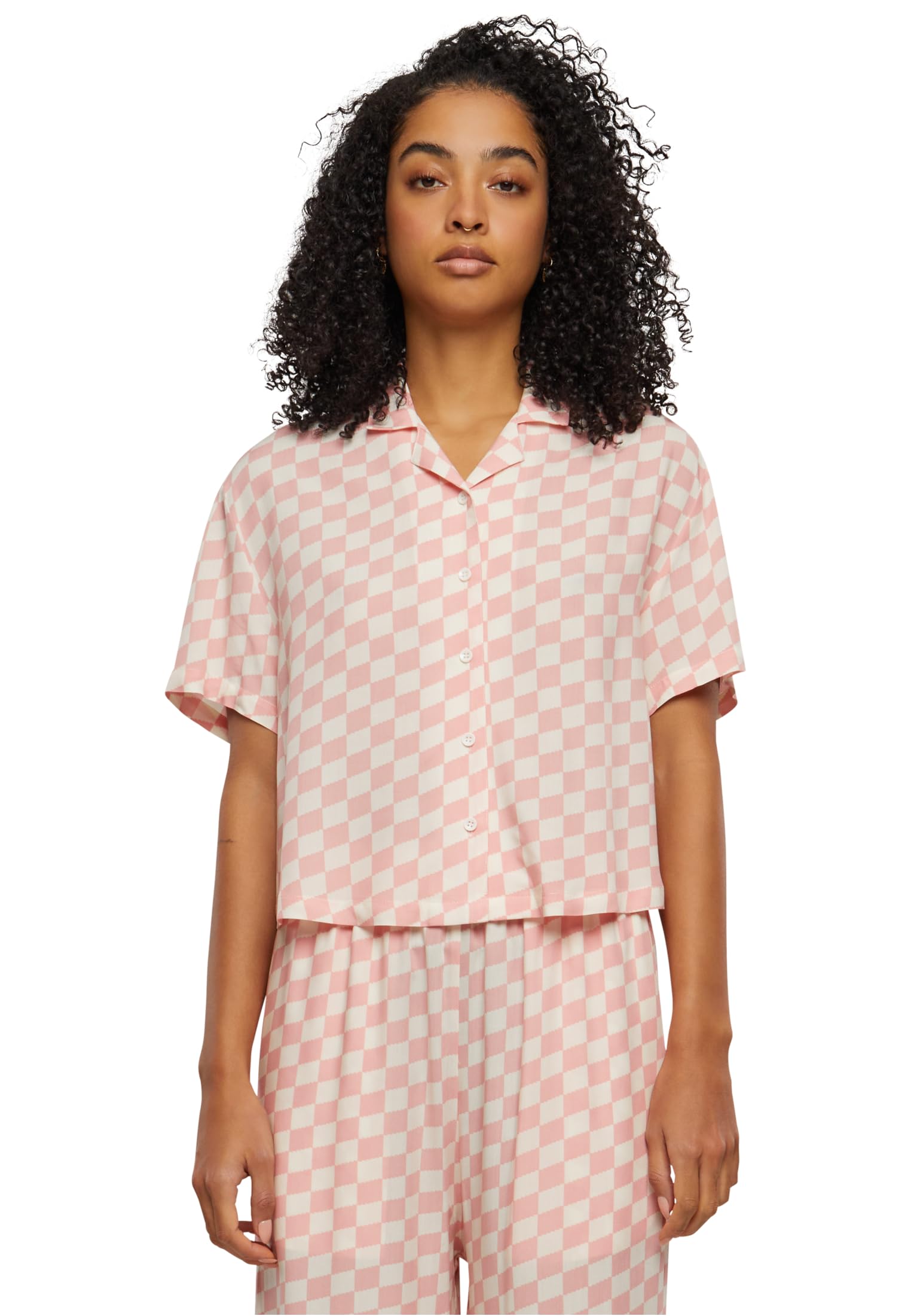 Urban Classics Women's Tb4365-ladies Viscose Resort Shirt T, Lemonade Pink Check, XS