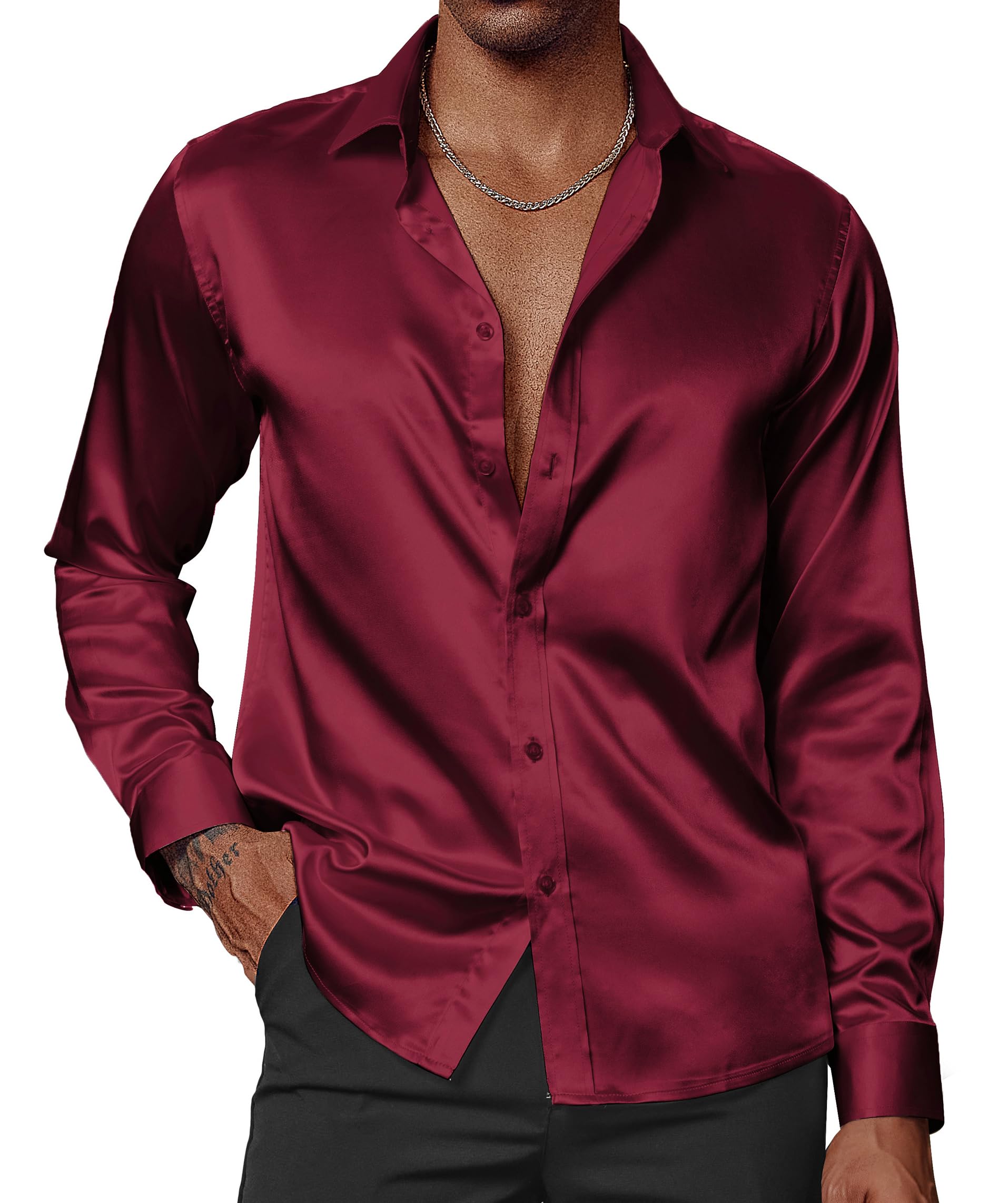 PJ PAUL JONES Men's Shiny Satin Dress Shirts Long Sleeve Button Down Silk Shirt with Bow Tie, Dark Red, Medium