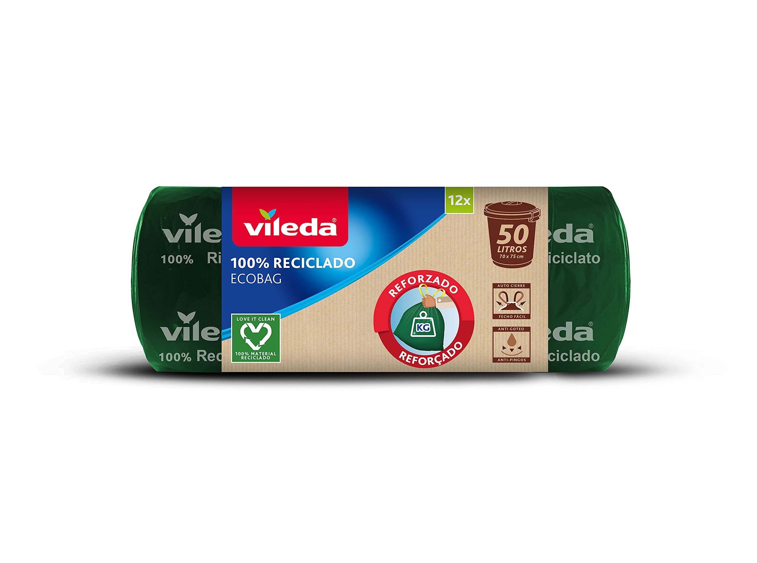 Vileda - Reinforced ecobag trash bag, 50L, 100% recycled, green