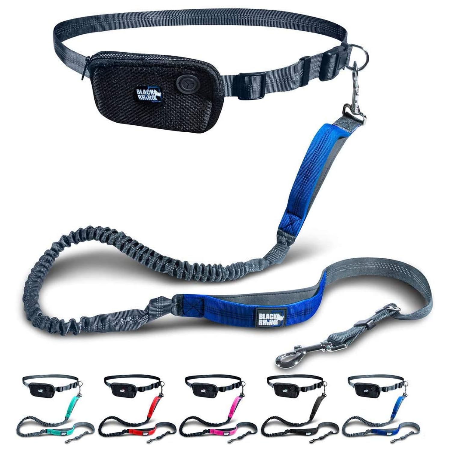 Black Rhino - Premium Hands Free Dog Leash for Running Walking Jogging & Hiking - Adjustable Length Dual Handle Bungee Leash Medium Large Dogs Neoprene Padded Handles (5 Feet, Black)