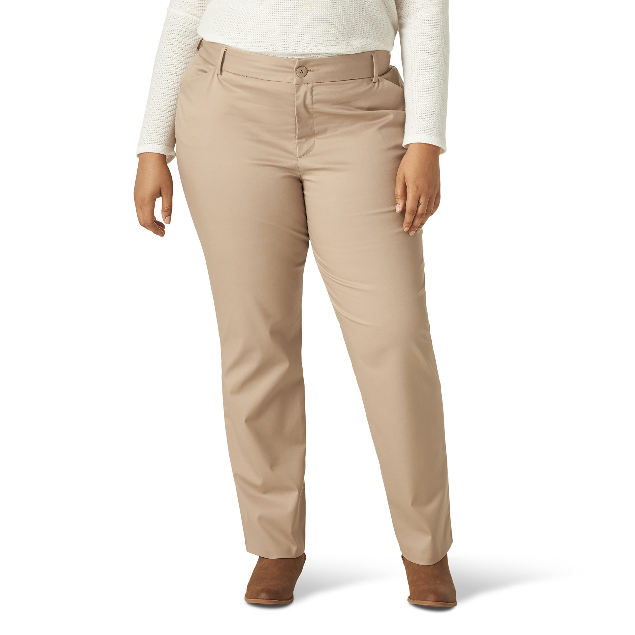 Lee Women's Plus Size Wrinkle Free Relaxed Fit Straight Leg Pant, Flax, 20 Petite