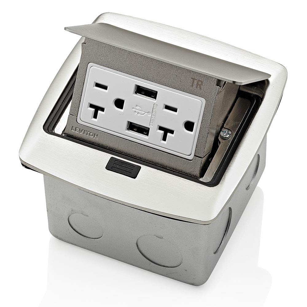 Leviton PFUS2-BN Pop-Up Floor Box with Dual Type A, 3.6 Amp USB Charger, 20Amp Outlet, Brushed Nickel