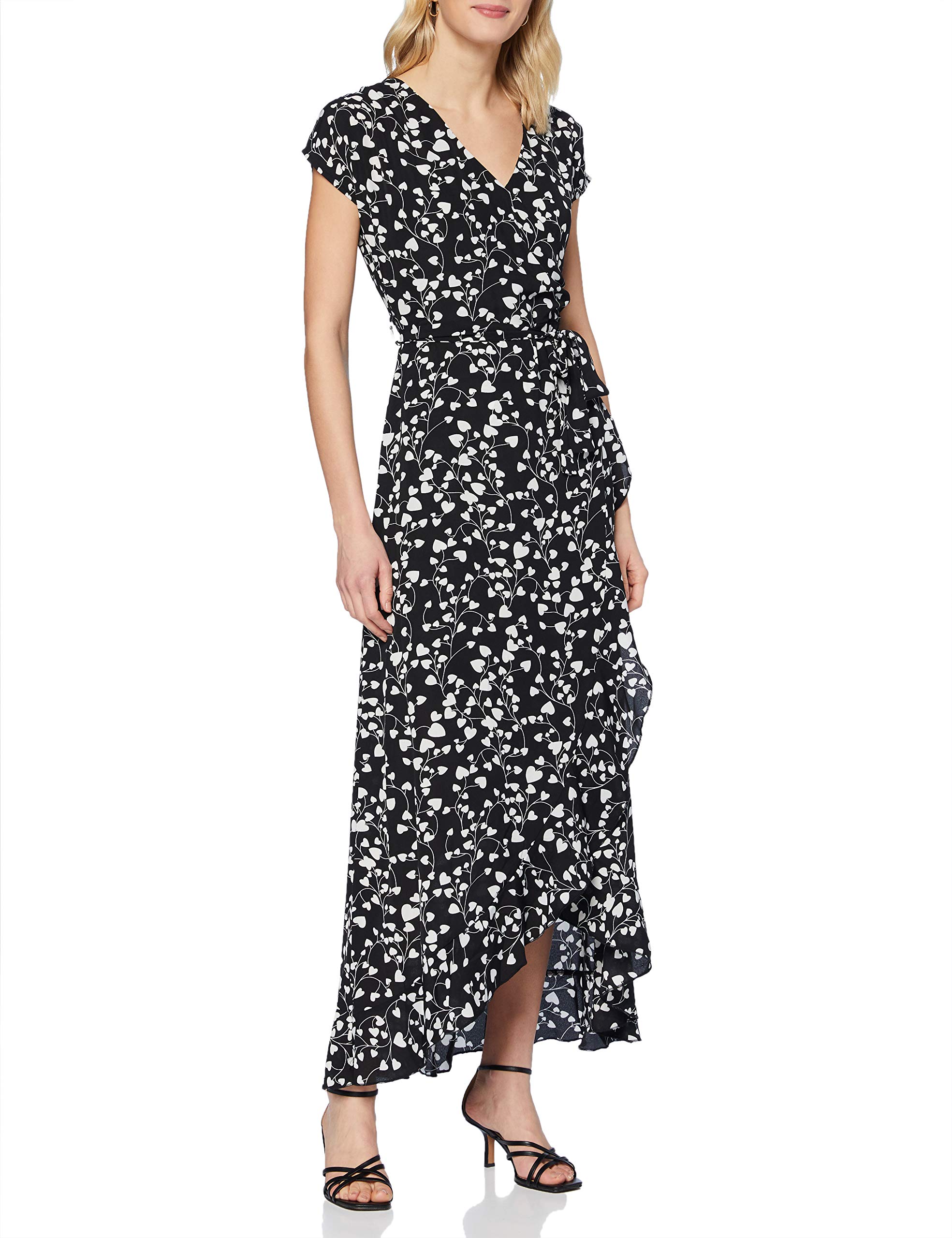 Mela Heart Printed Satin Dipped Hem WRAP Effect Dress Black