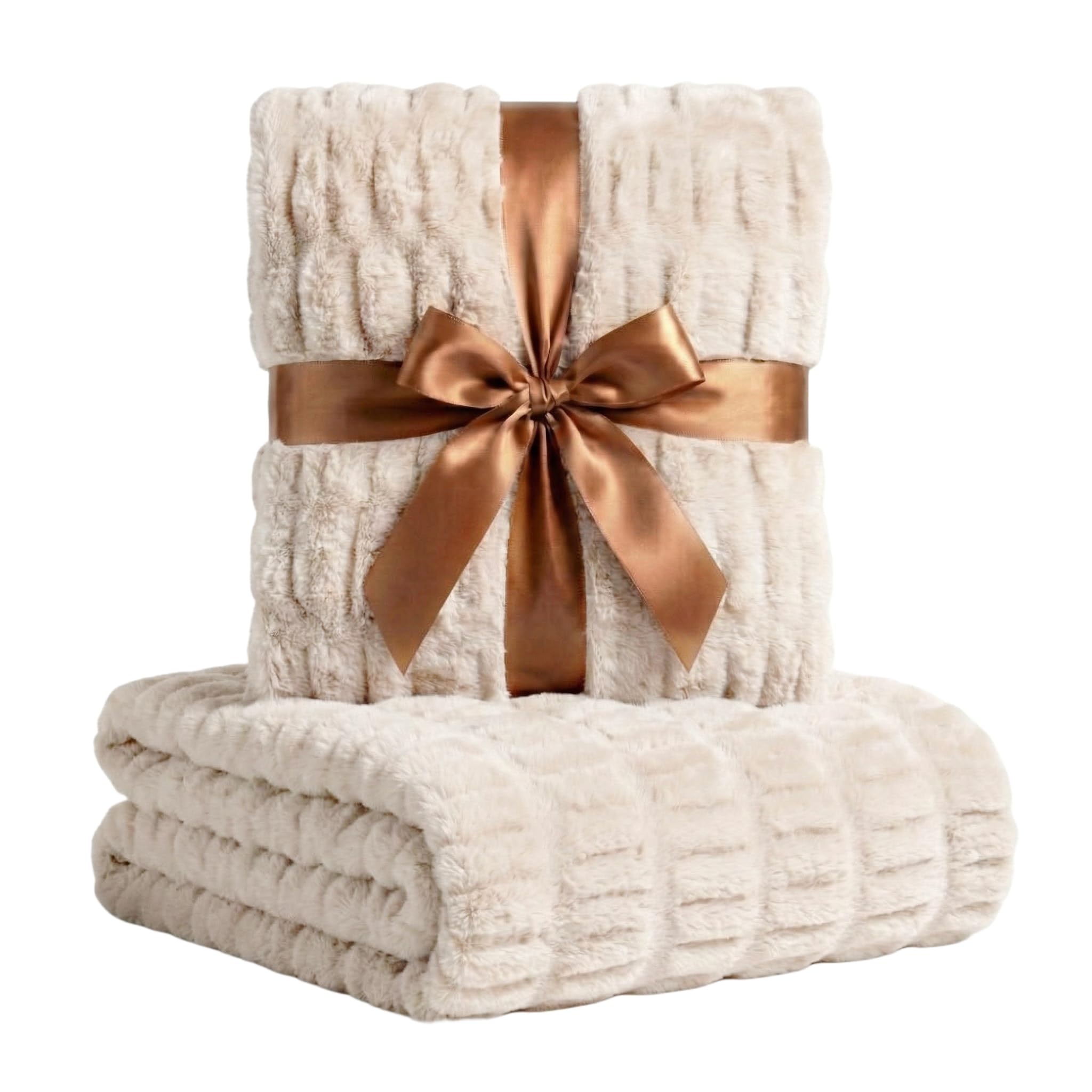 Luxury Concepts Soft Faux Rabbit Fur Throw Blanket - 50" x 60", Elegant Ruched Design Blanket, Machine Washable and Wrinkle Resistant, Lightweight Beige Throw Blanket for Couch, Sofa and Bed