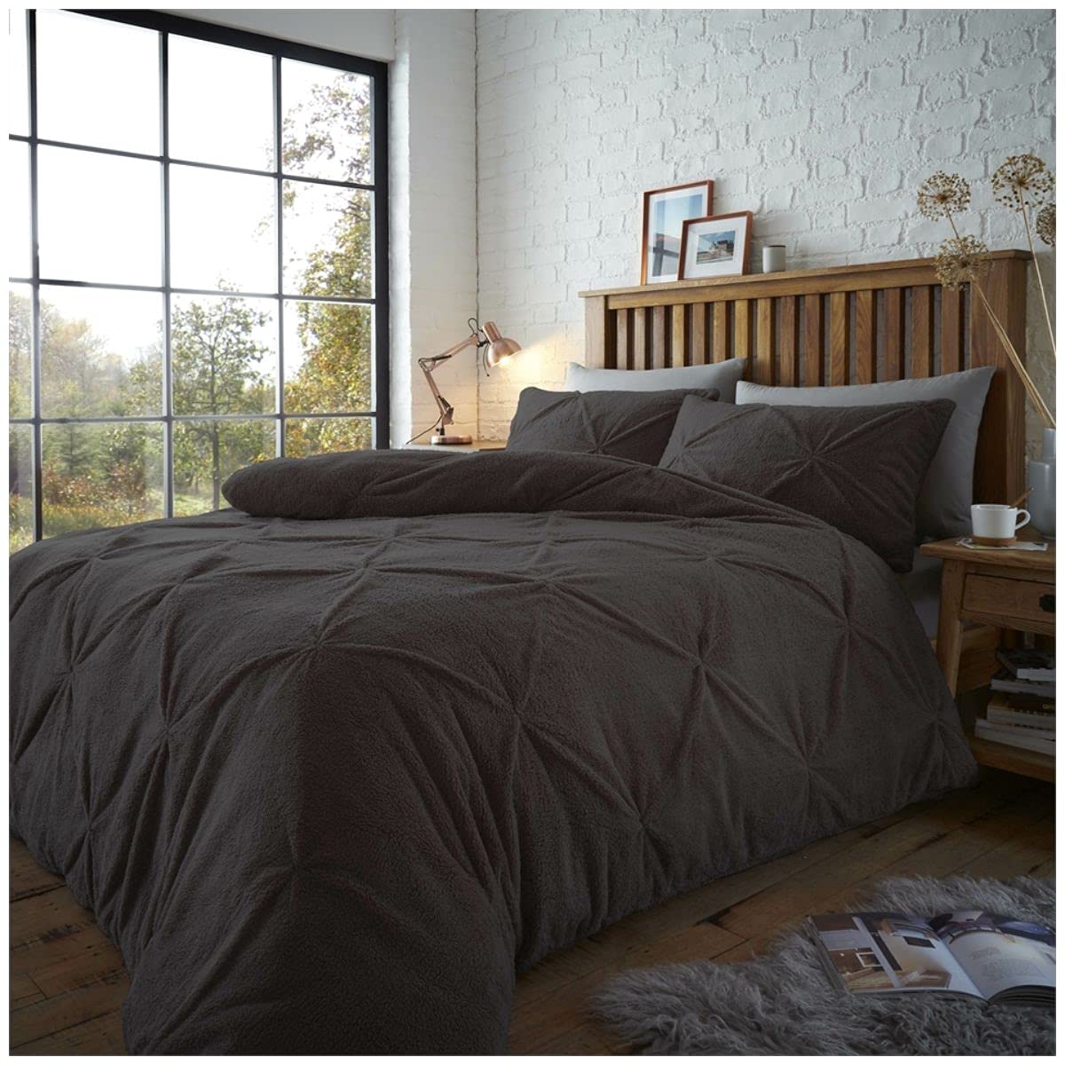 GC GAVENO CAVAILIA Premium Pintuck Duvet Cover, Fluffy Pinch Pleated Bedding Set Double, Thermal Warm Cosy Teddy Bedding Set, Charcoal