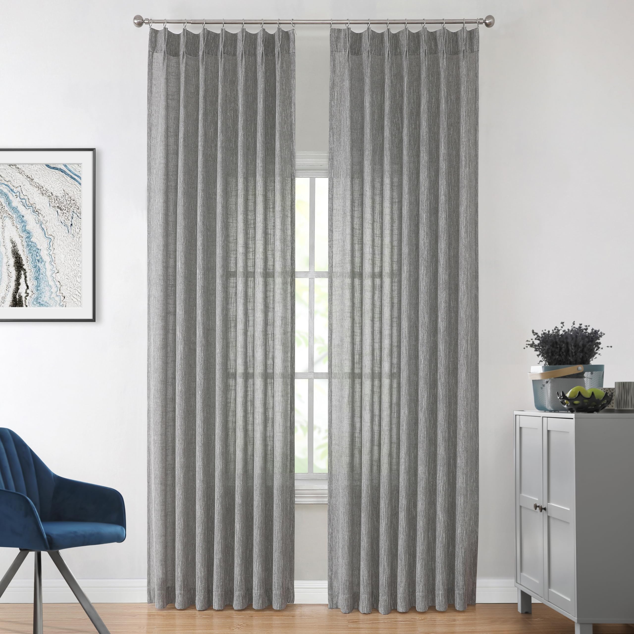 Vision Home Grey Pinch Pleated Semi Sheer Curtains Textured Light Filtering Window Curtains 108 inch for Living Room Bedroom Rayon Blend Charcoal Grey Pinch Pleat Drapes with Hooks 2 Panels 40"Wx108"L