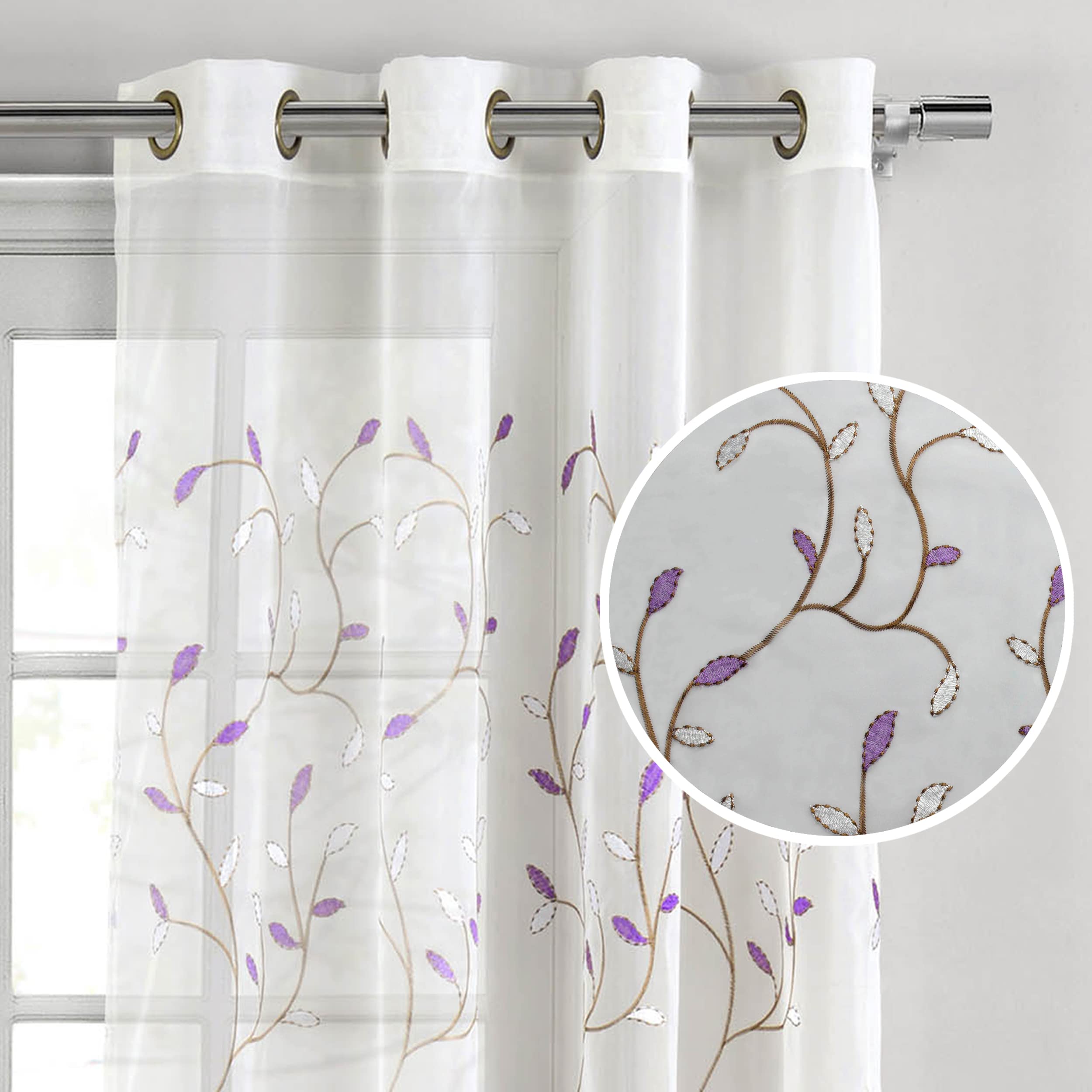 Creative Home Ideas Wavy Leaves Embroidered Sheer Extra Wide 54" x 84" Grommet Curtain Panel, Lilac