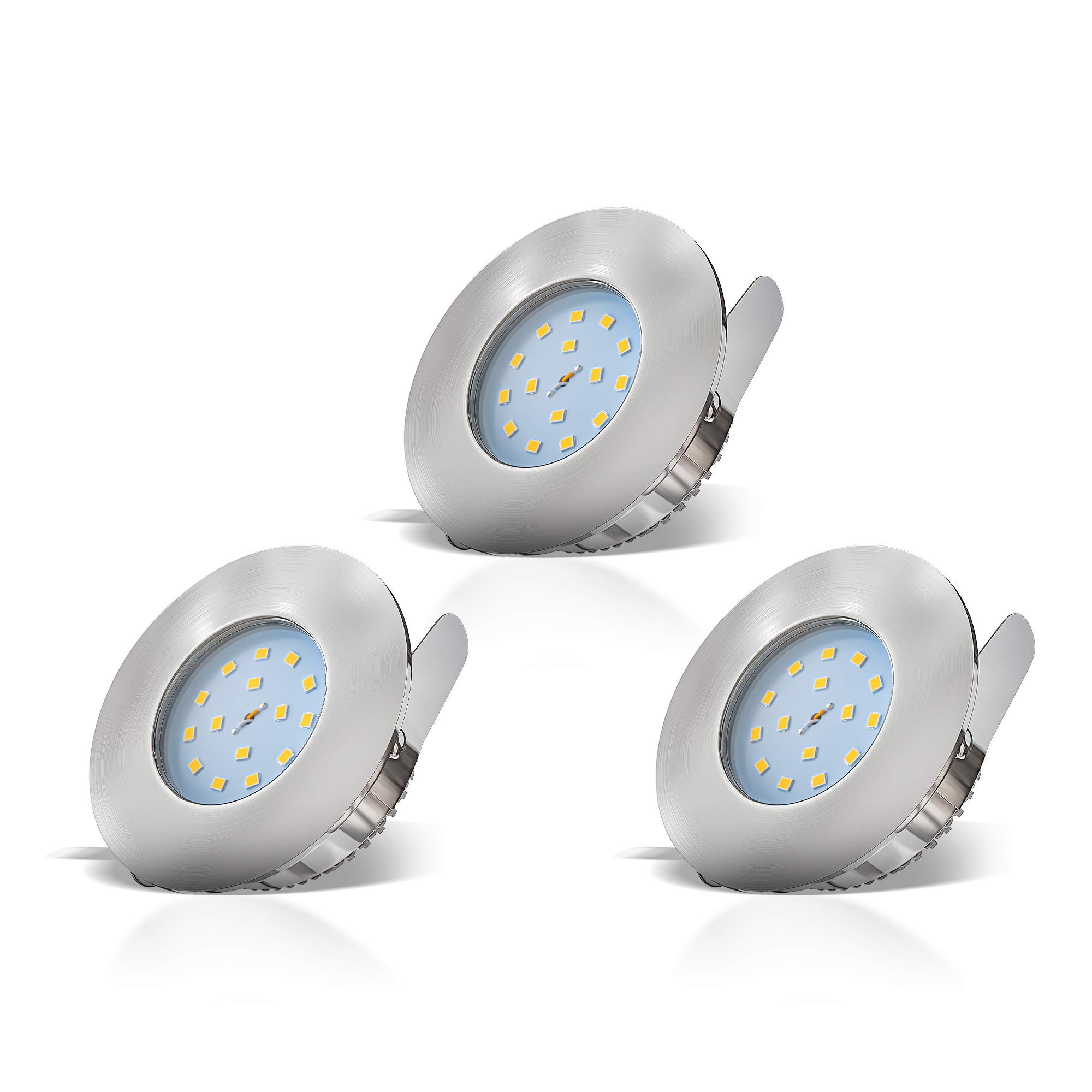 B.K.Licht - Set of 3 LED IP44 Rated Recessed Bathroom Spotlights with 3X Built-in 5W LED Module, Brushed Nickel, Round, Extra Flat