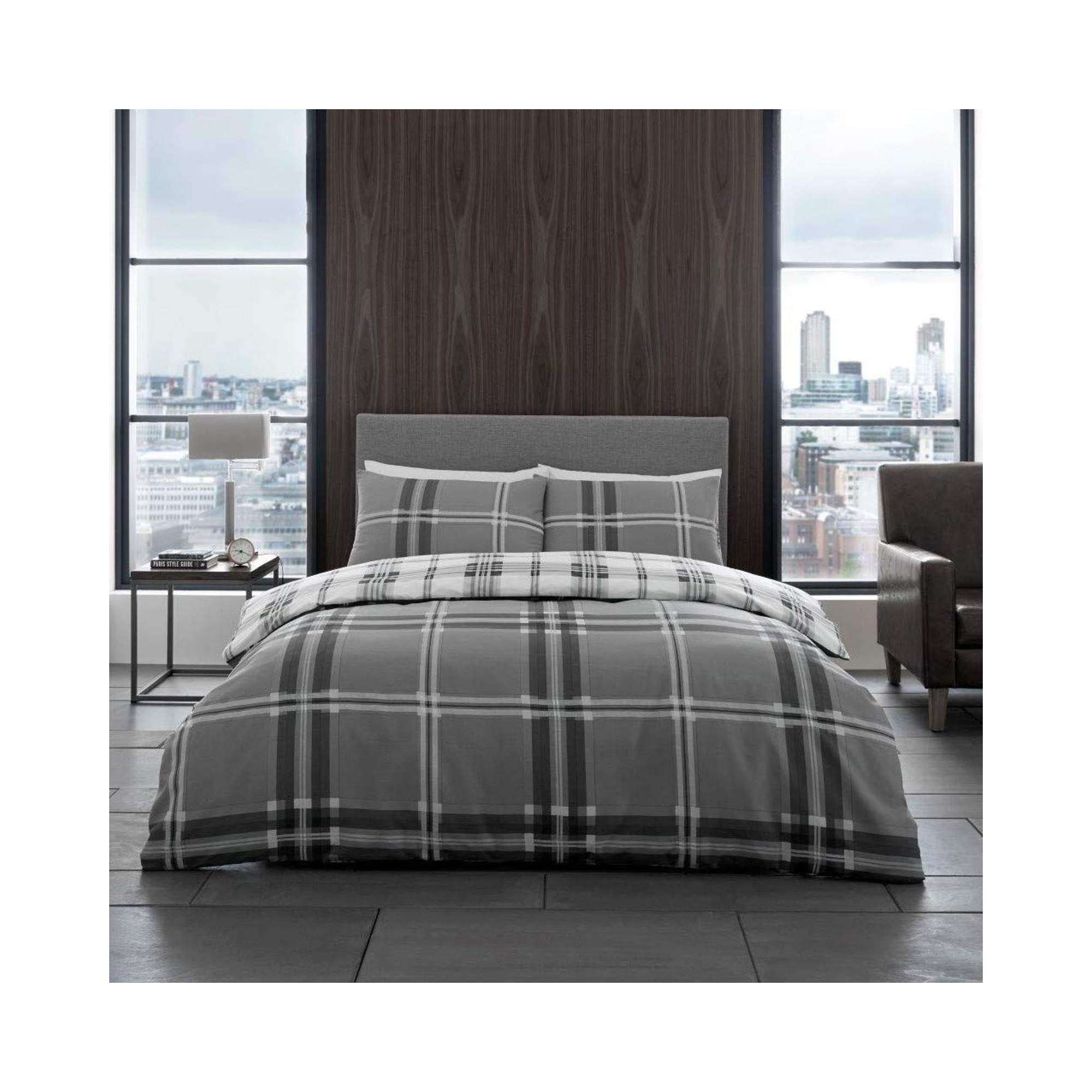 GAVENO CAVAILIA Bardsley Check Checked Design Duvet Cover Set (Grey, Double)