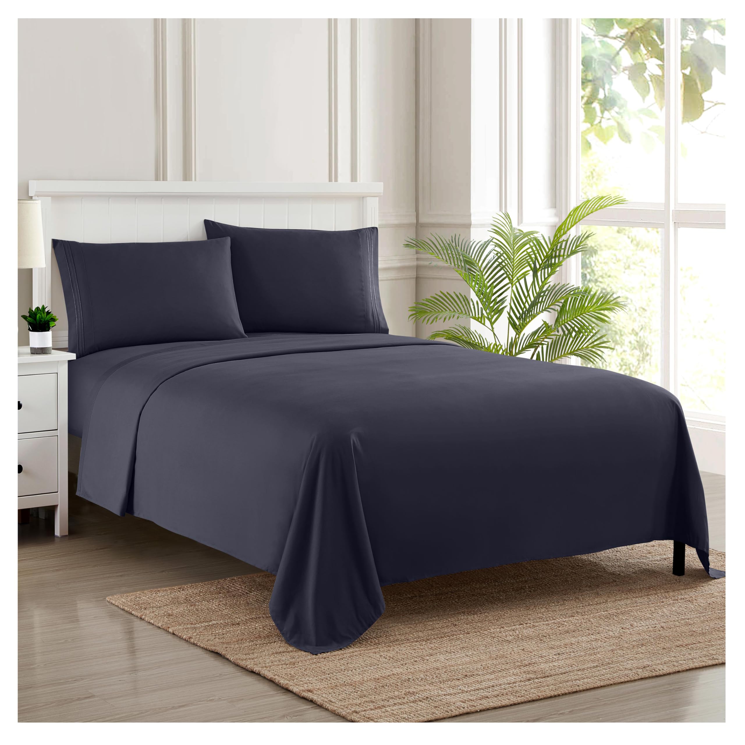 Sweet Home Collection Luxury Bedding Set with Flat, Fitted Sheet, 2 Pillow Cases, Microfiber, Navy, Twin