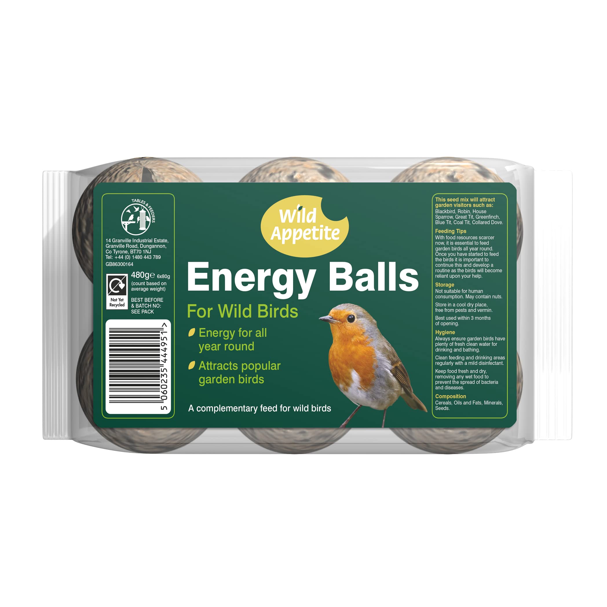 Wild Appetite Suet Energy Fat Balls Bird Food - Pack of 6
