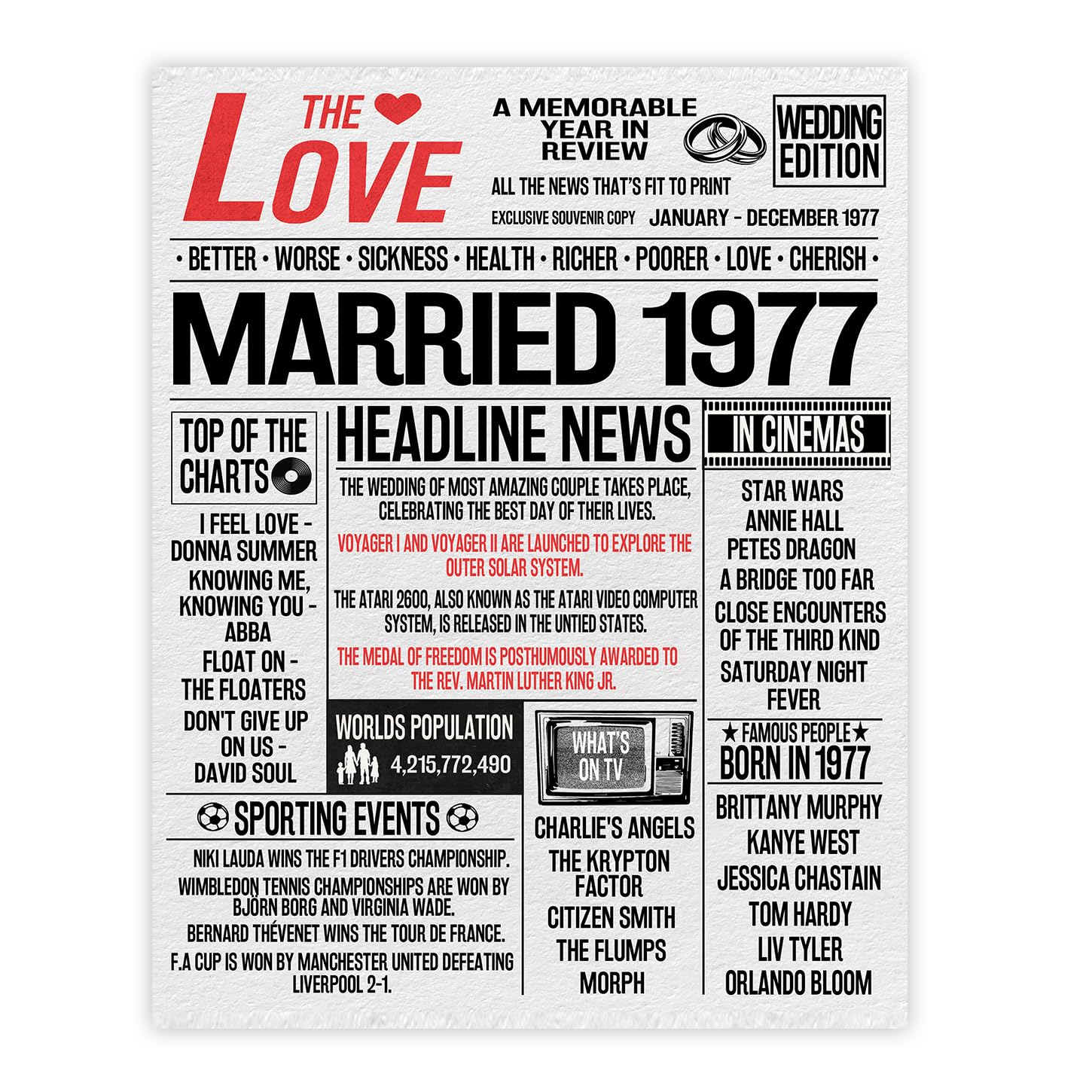 Stuff4 49th Anniversary Poster Unframed - Married In 1977 Newspaper - Happy 49th Wedding Anniversary for Men Women Vintage Gifts Retro Back In 1977, 8x10 Inch Anniversaries Posters
