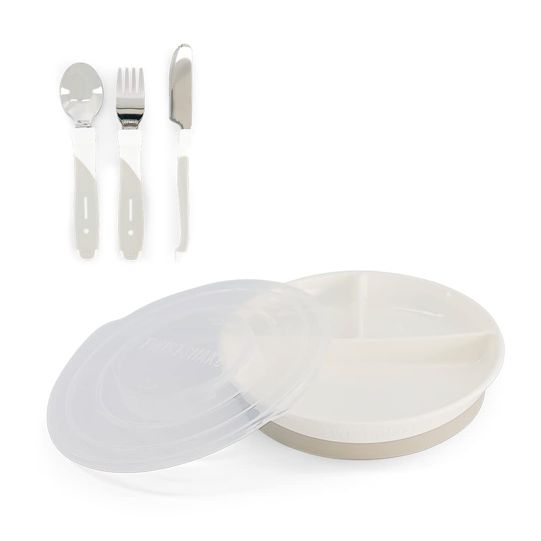 Twistshake Baby Tableware Set | Divided Plate + Cultery 12m+ | BPA-Free | Food Training Kit for Kids | White