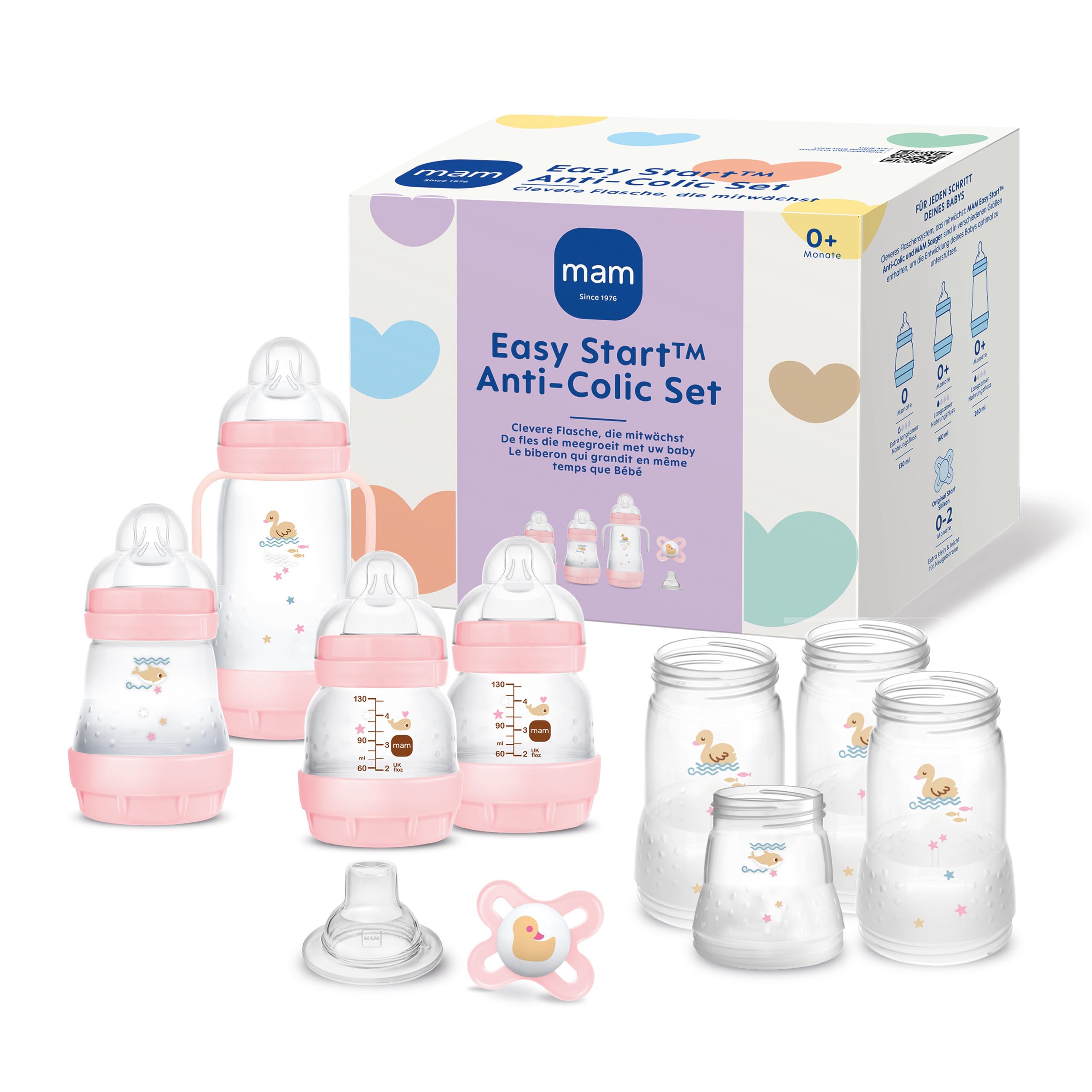 MAM Easy Start Anti-Colic Starter Set, Growing Baby First Equipment with Dummy, Bottles & Handles, Baby Gift Set, from Birth, Pink