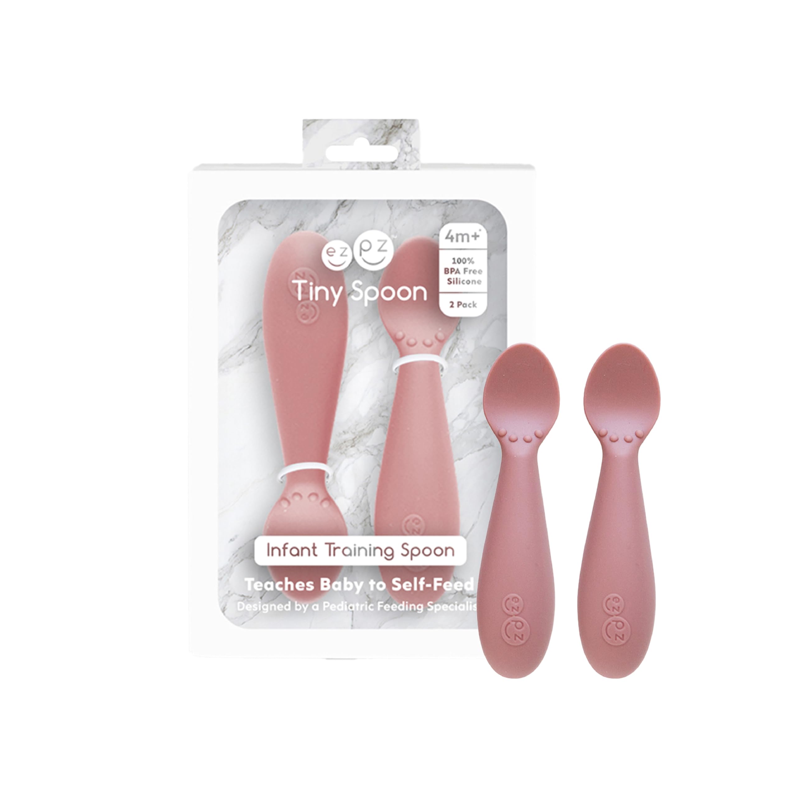 ezpz Tiny Spoon (2 Pack in Blush) - 100% Silicone Spoons for Baby Led Weaning + Purees - Designed by a Pediatric Feeding Specialist - 6 Months+