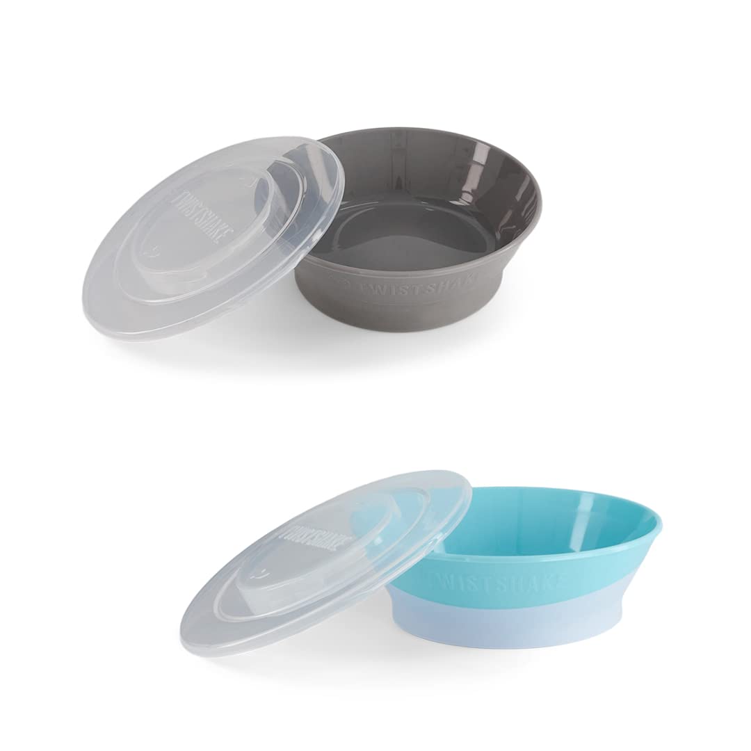 Twistshake Baby Bowl with Airtight Lid - 2 Pack | BPA-Free| 6 Month+ Feeding Plate | Food Training Plate | Cereal Bowl with Silicone Base | Grey Blue