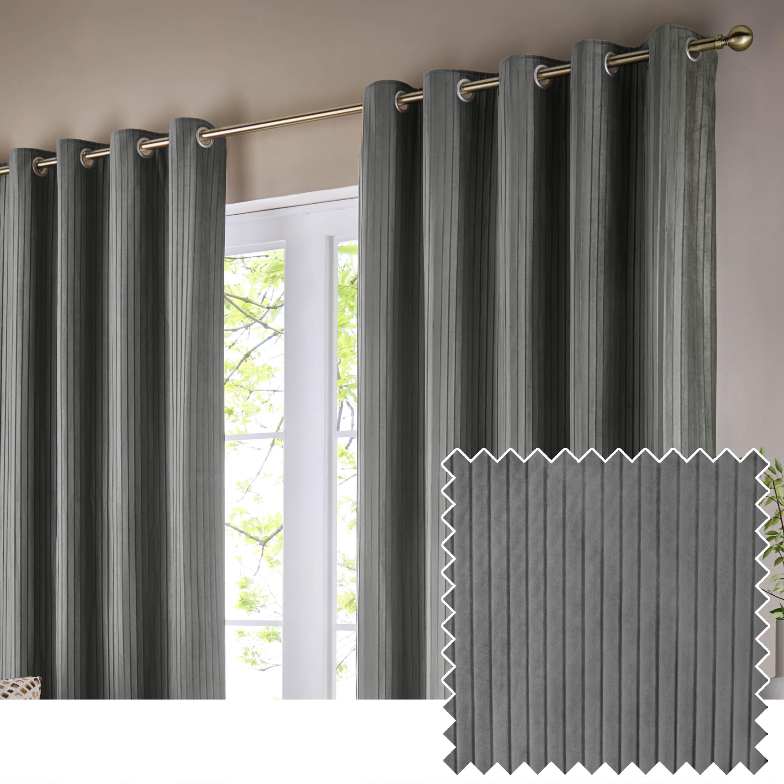 Paoletti Corinthian Velvet Eyelet Curtain Pair - Dove Grey - 117x183cm