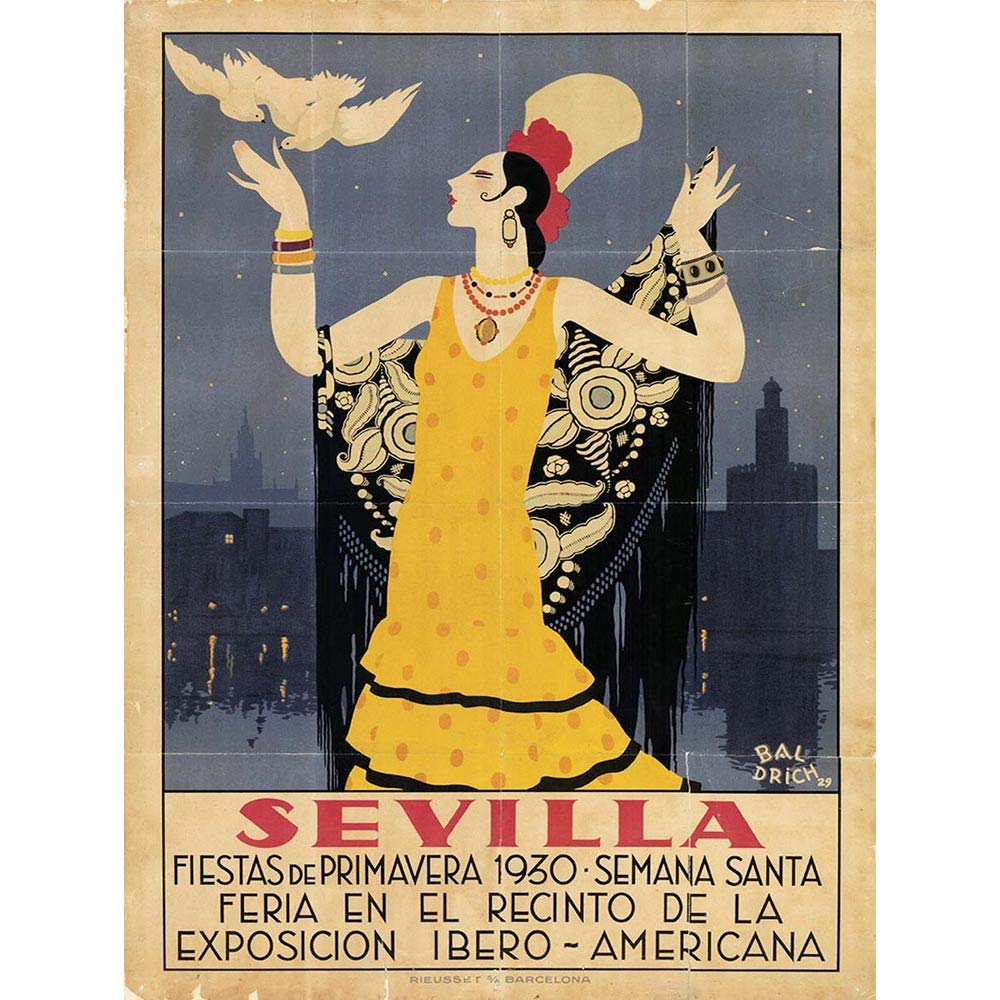 Wee Blue Coo Travel Tourism Seville Spain American Festival Woman Bird Art Print Poster Wall Decor 12X16 Inch