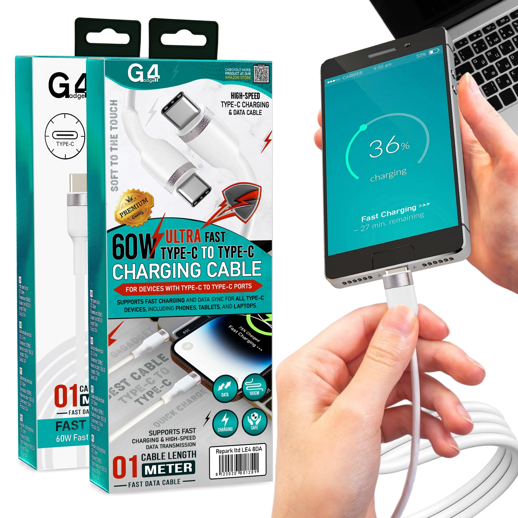 G4GADGET USB C to USB C Cable [2-Pack, 1M Each, 60W] Fast Charging Type-C Charger Cable for iPhone 15/16, MacBook, iPad Pro, Galaxy S24/S23, Pixel – High Speed Data Transfer