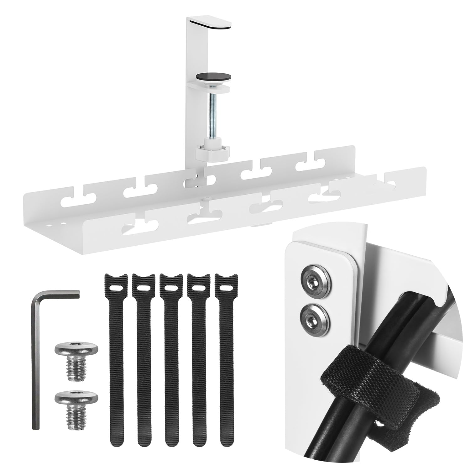 Maclean under-counter cable holder for power strips | Tool-free clamp fastening | 40cm Desk Organizer for Home Office Gaming Workstation up to 5kg (White, 1 Level/Length: 400mm)
